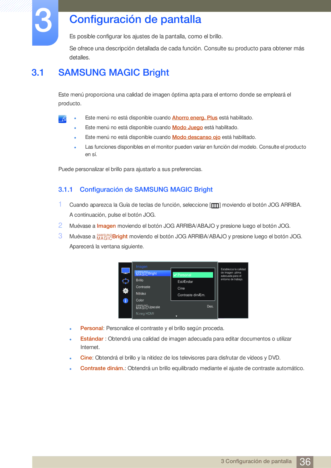 Samsung LS27E510CS/EN manual Configuración de pantalla, Configuración de Samsung Magic Bright 