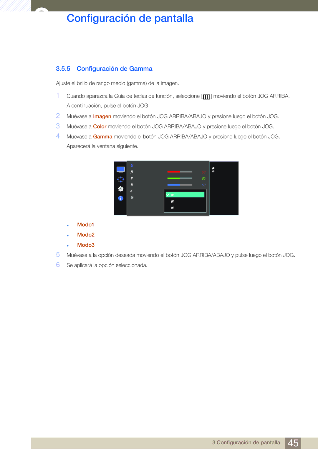 Samsung LS27E510CS/EN manual Configuración de Gamma,  Modo1  Modo2  Modo3 