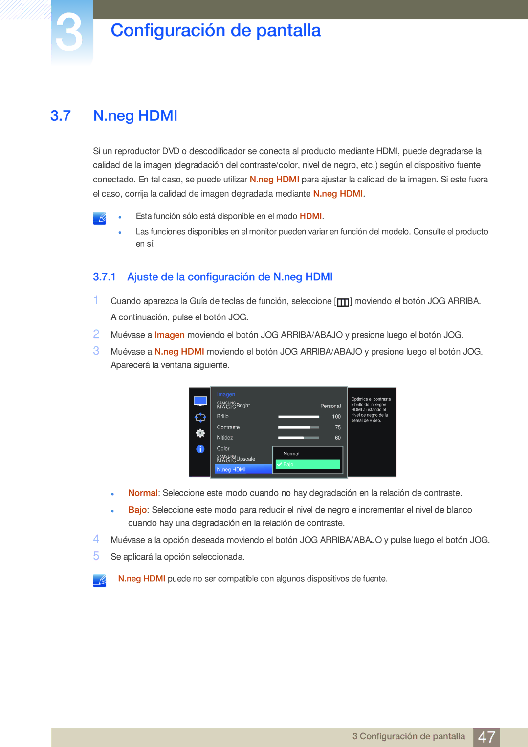 Samsung LS27E510CS/EN manual Ajuste de la configuración de N.neg Hdmi 