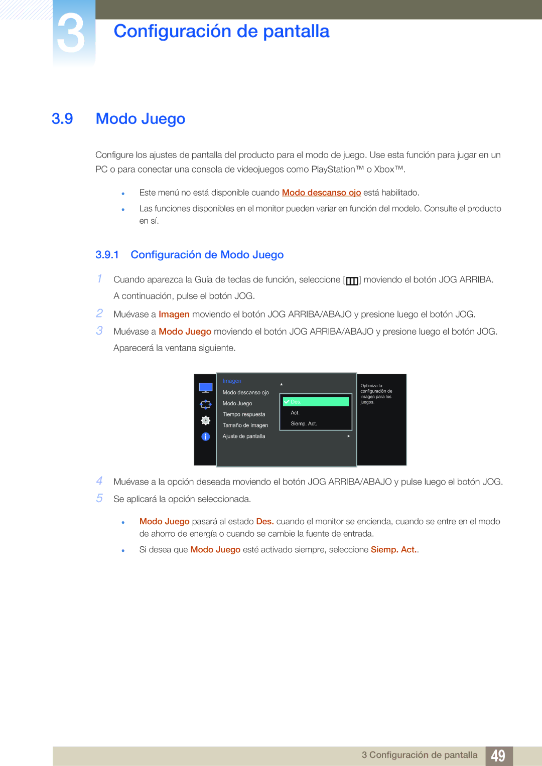 Samsung LS27E510CS/EN manual Configuración de Modo Juego 