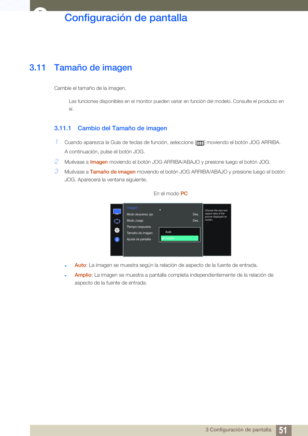 Samsung LS27E510CS/EN manual Cambio del Tamaño de imagen 