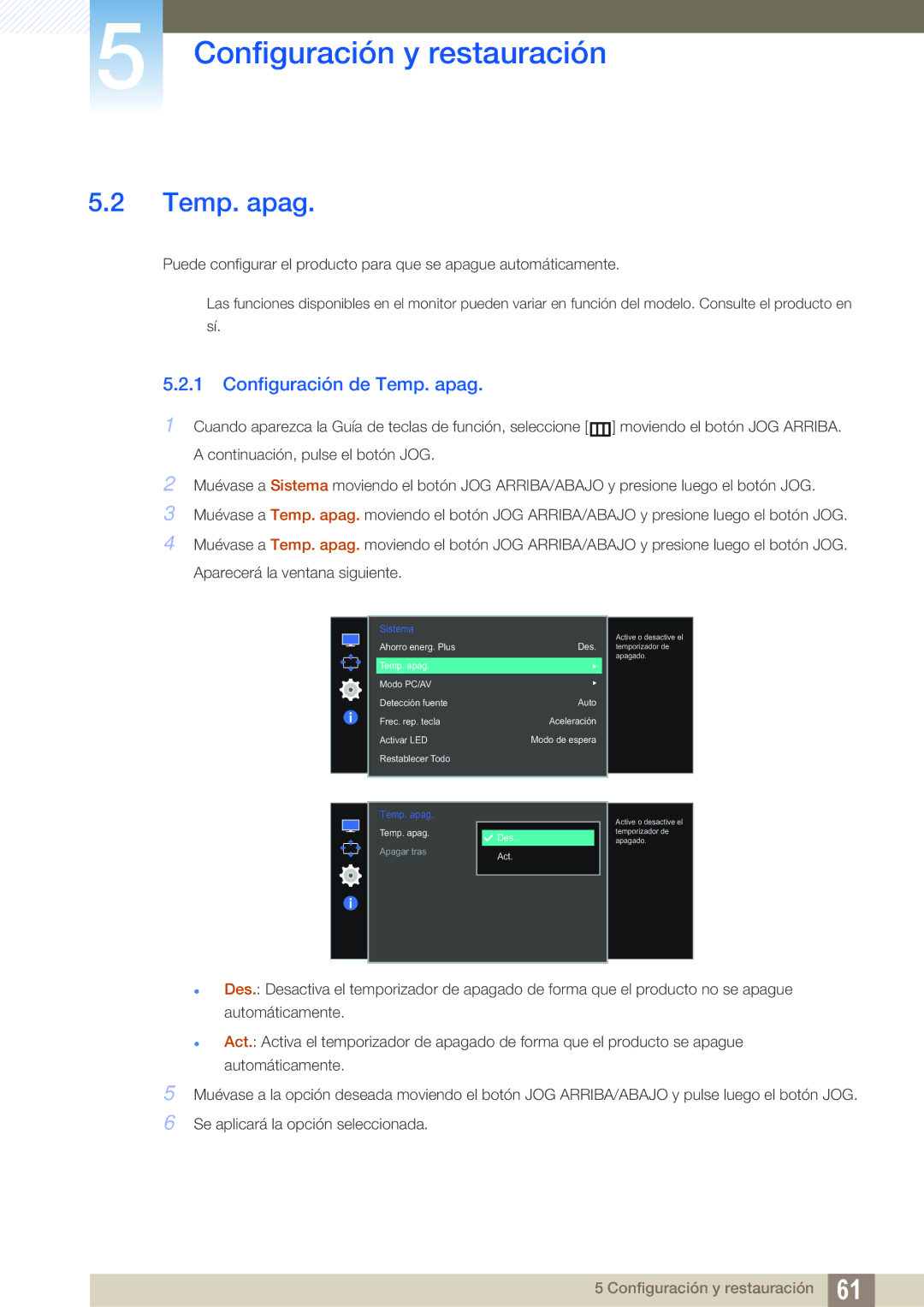 Samsung LS27E510CS/EN manual Configuración de Temp. apag 