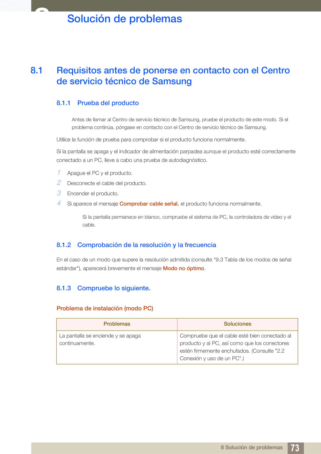 Samsung LS27E510CS/EN manual Solución de problemas, Prueba del producto, Comprobación de la resolución y la frecuencia 