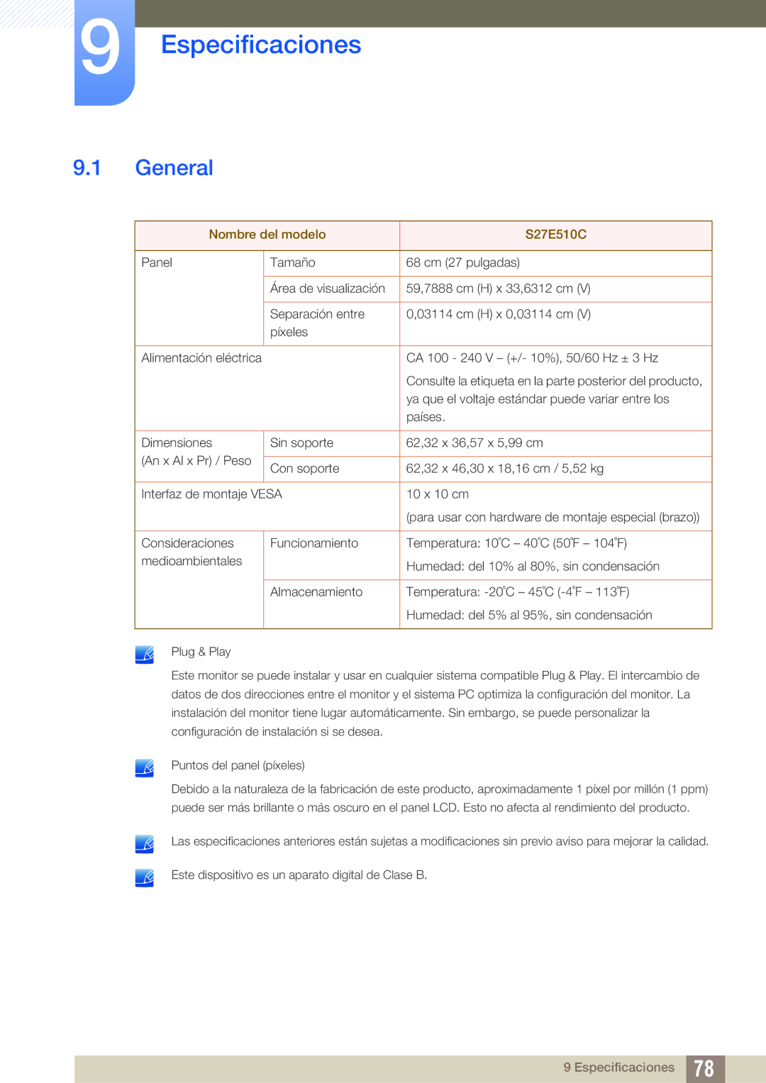 Samsung LS27E510CS/EN manual Especificaciones, General 