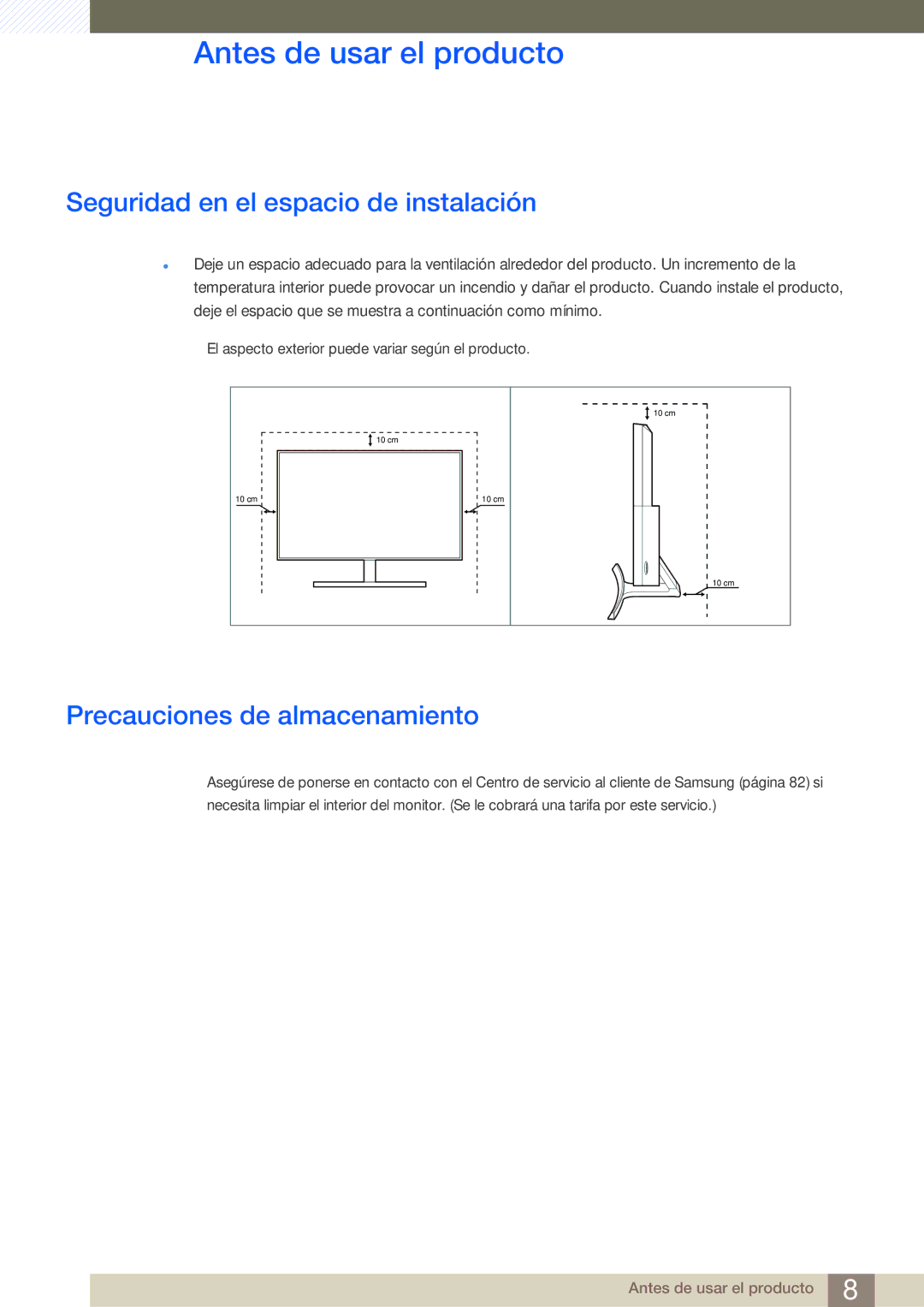 Samsung LS27E510CS/EN manual Seguridad en el espacio de instalación, Precauciones de almacenamiento 