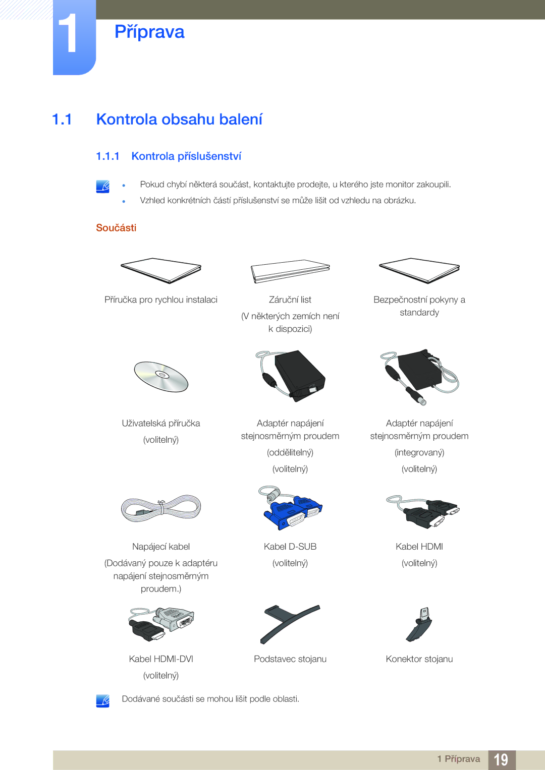 Samsung LS27E510CS/EN manual Příprava, Kontrola obsahu balení, Kontrola příslušenství, Součásti 