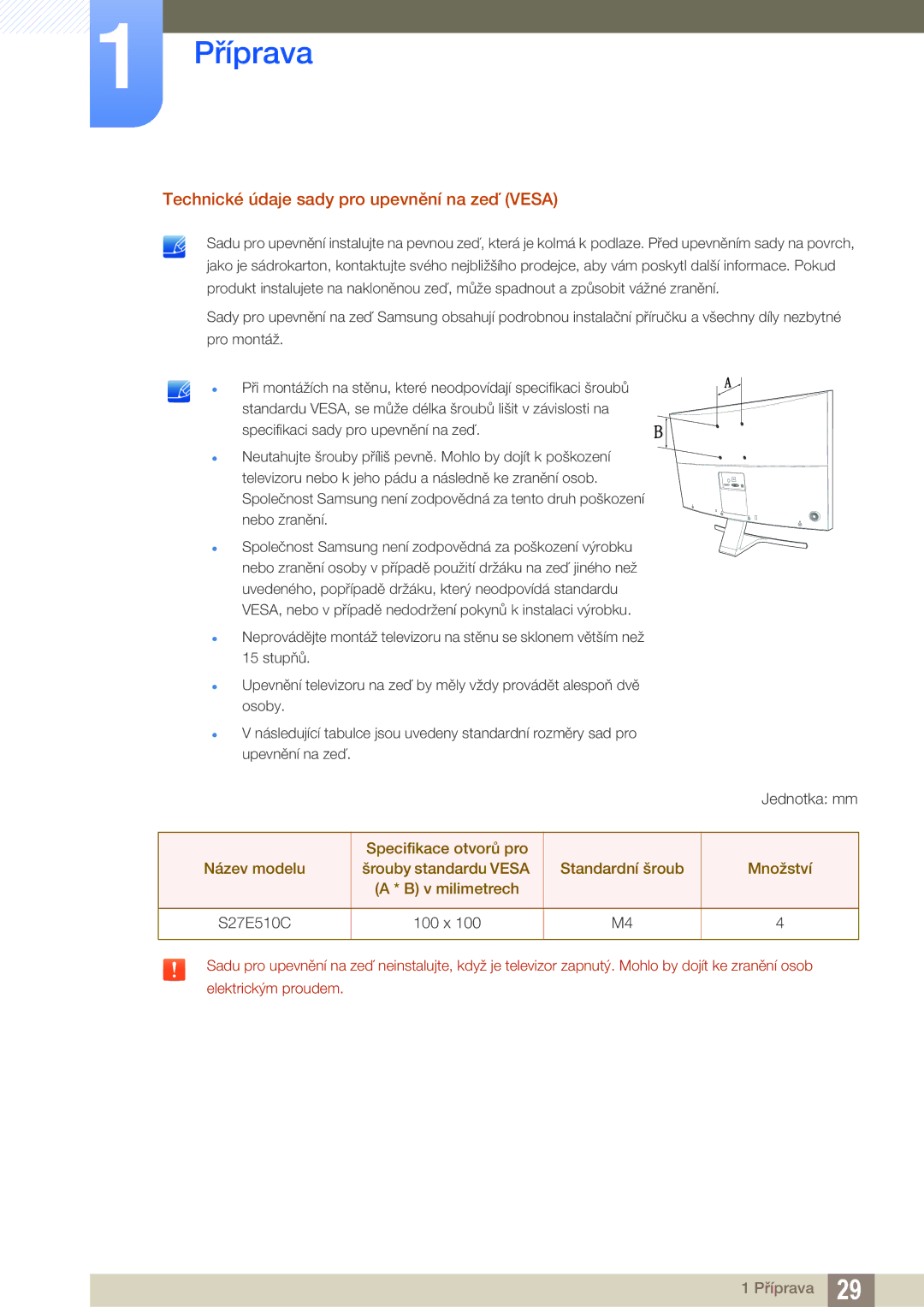 Samsung LS27E510CS/EN manual Technické údaje sady pro upevnění na zeď Vesa 