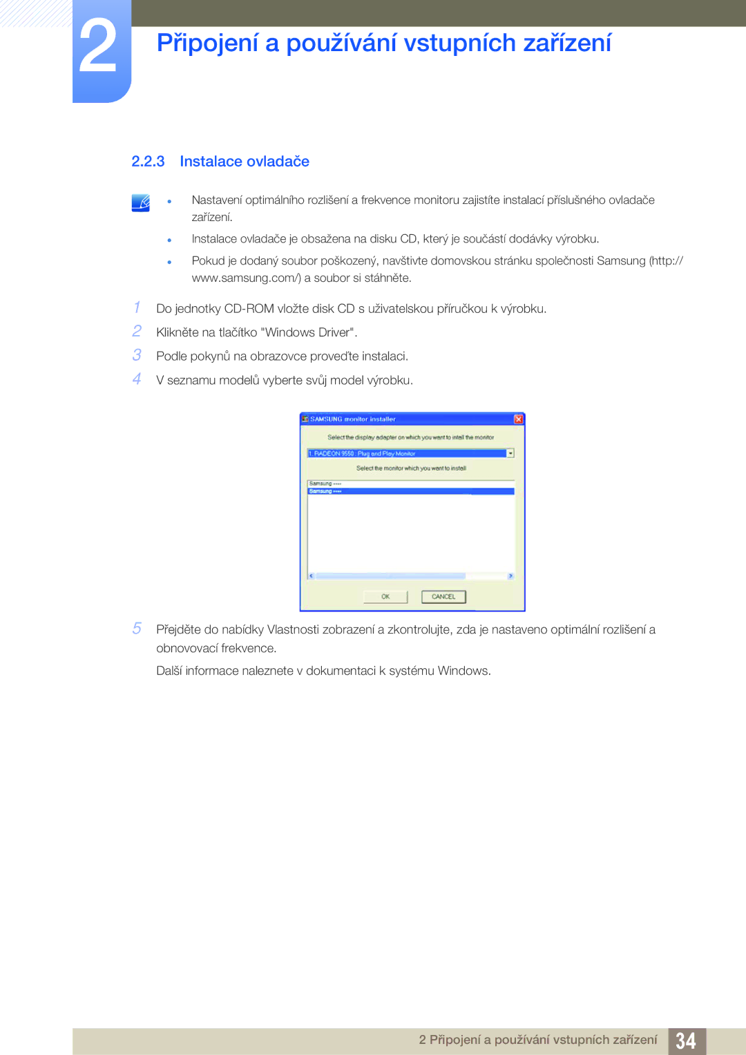 Samsung LS27E510CS/EN manual Instalace ovladače 