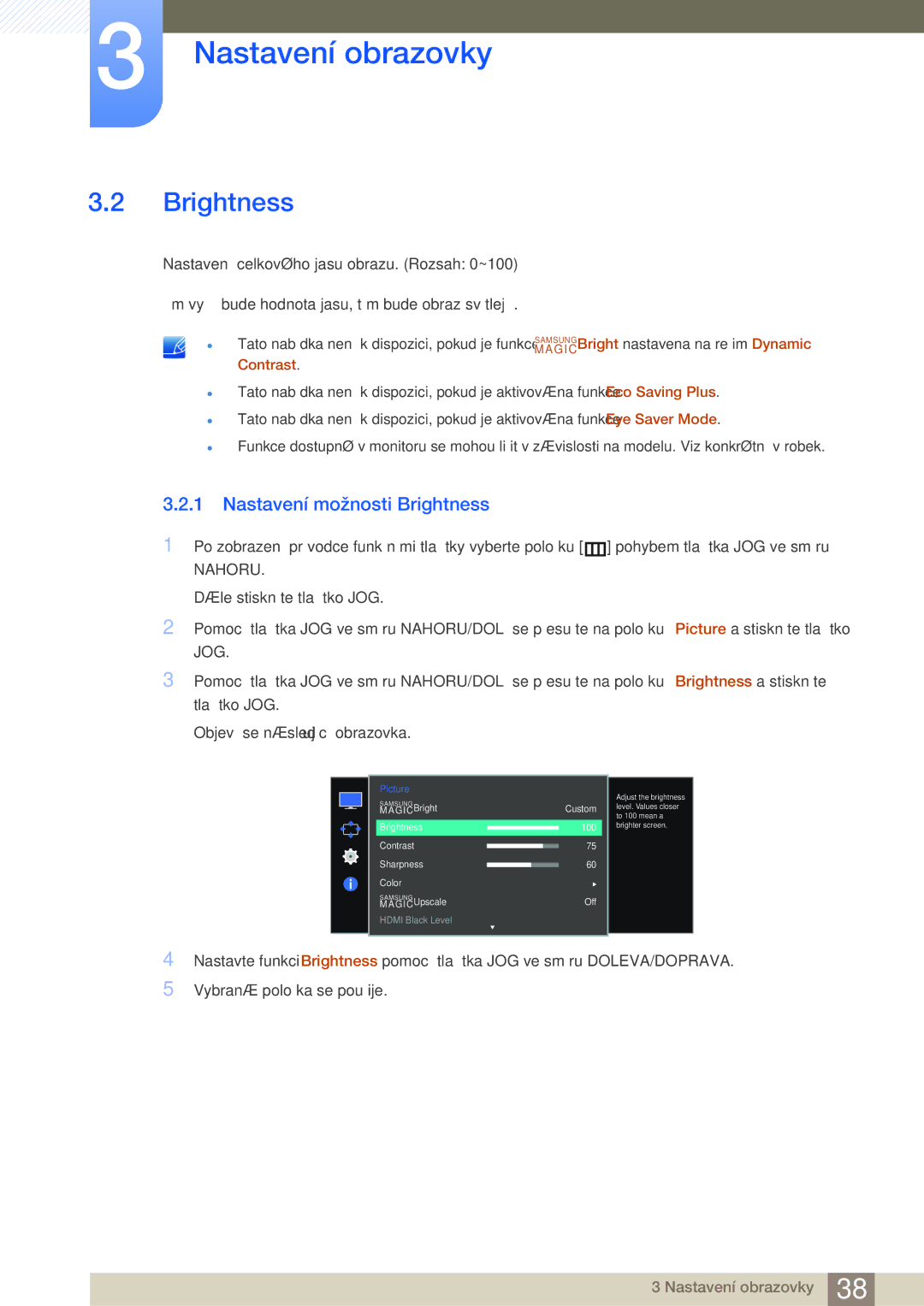 Samsung LS27E510CS/EN manual Nastavení možnosti Brightness 