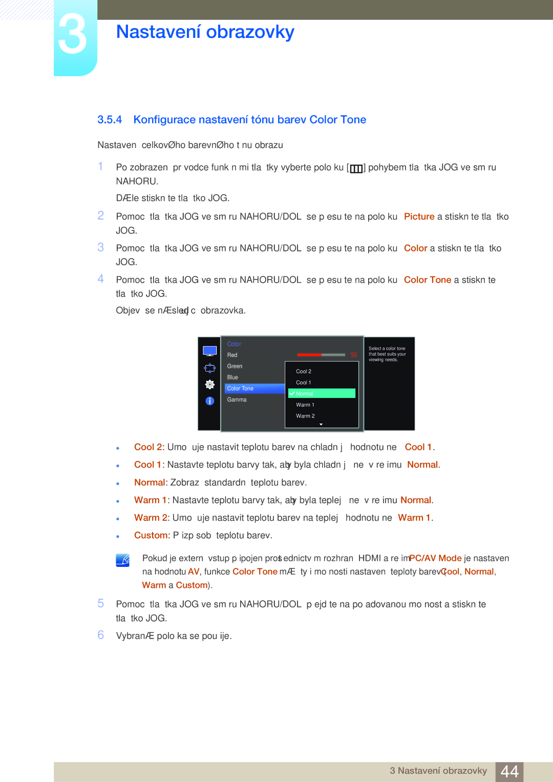 Samsung LS27E510CS/EN manual Konfigurace nastavení tónu barev Color Tone 