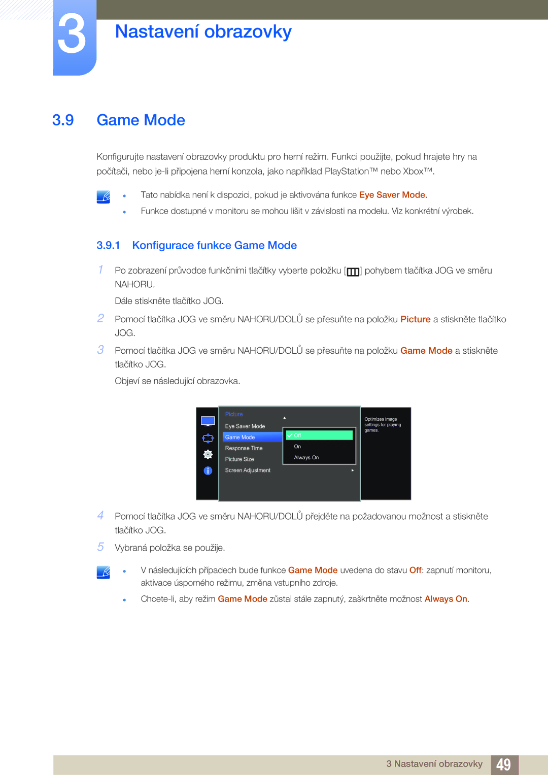 Samsung LS27E510CS/EN manual Konfigurace funkce Game Mode 