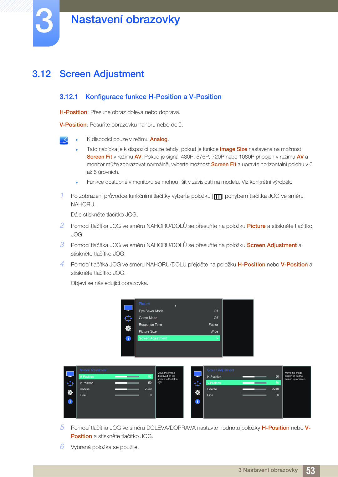 Samsung LS27E510CS/EN manual Screen Adjustment, Konfigurace funkce H-Position a V-Position 