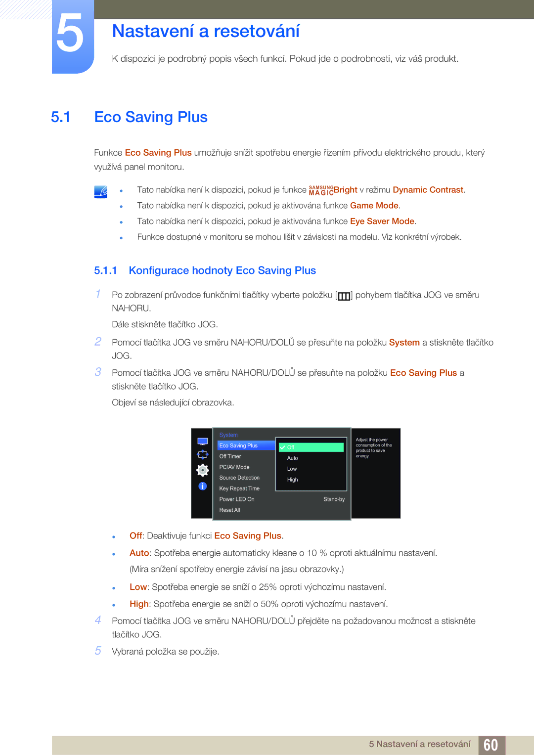 Samsung LS27E510CS/EN manual Nastavení a resetování, Konfigurace hodnoty Eco Saving Plus 