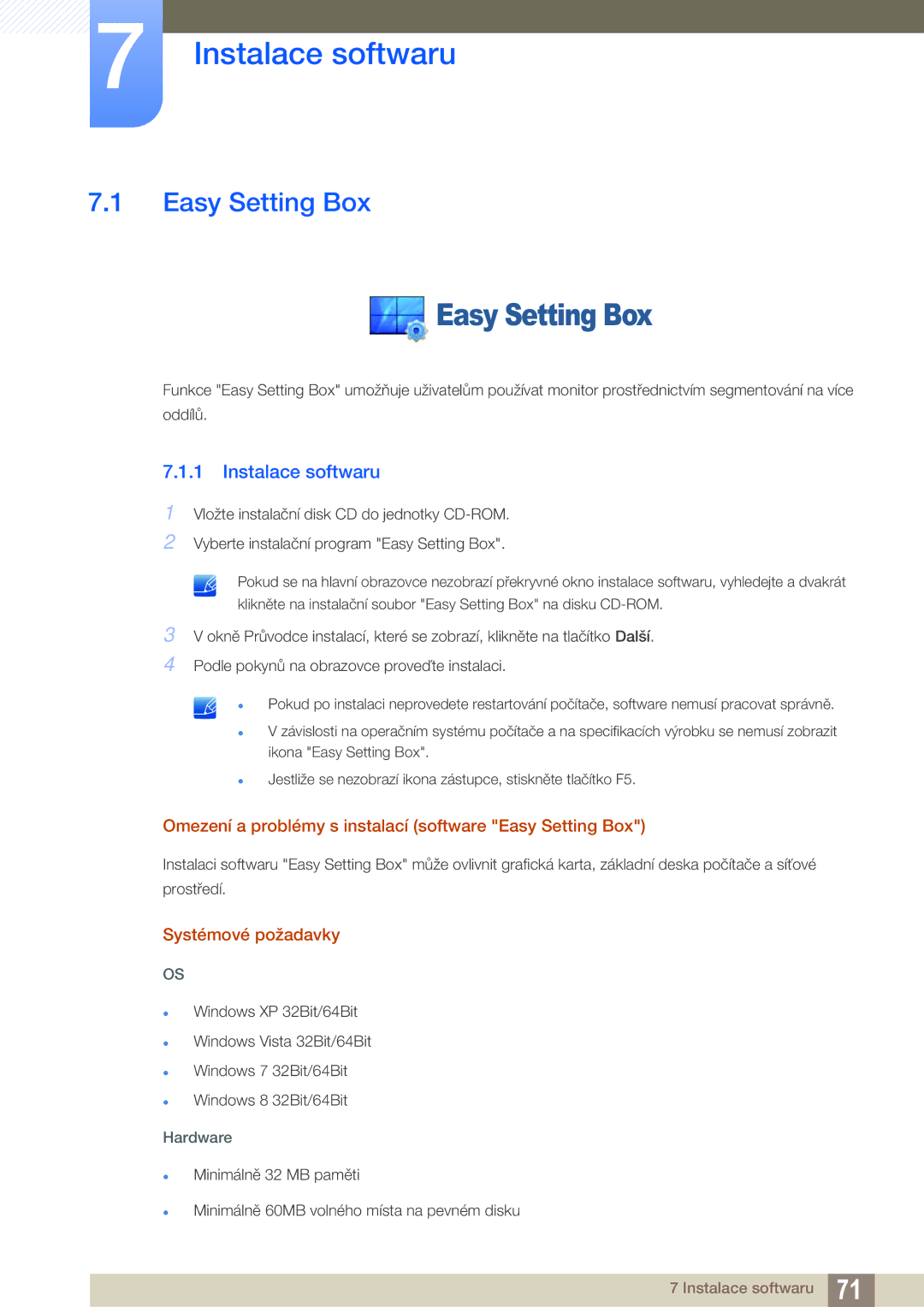 Samsung LS27E510CS/EN manual Instalace softwaru, Omezení a problémy s instalací software Easy Setting Box 