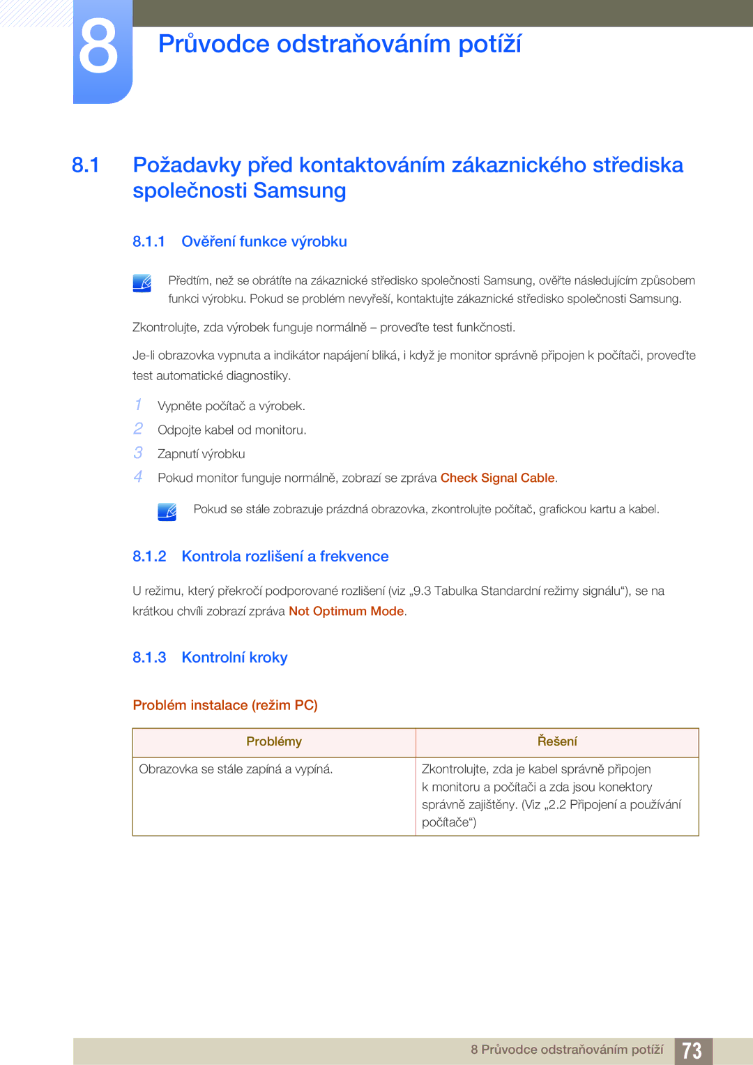 Samsung LS27E510CS/EN manual Průvodce odstraňováním potíží, 1 Ověření funkce výrobku, Kontrola rozlišení a frekvence 