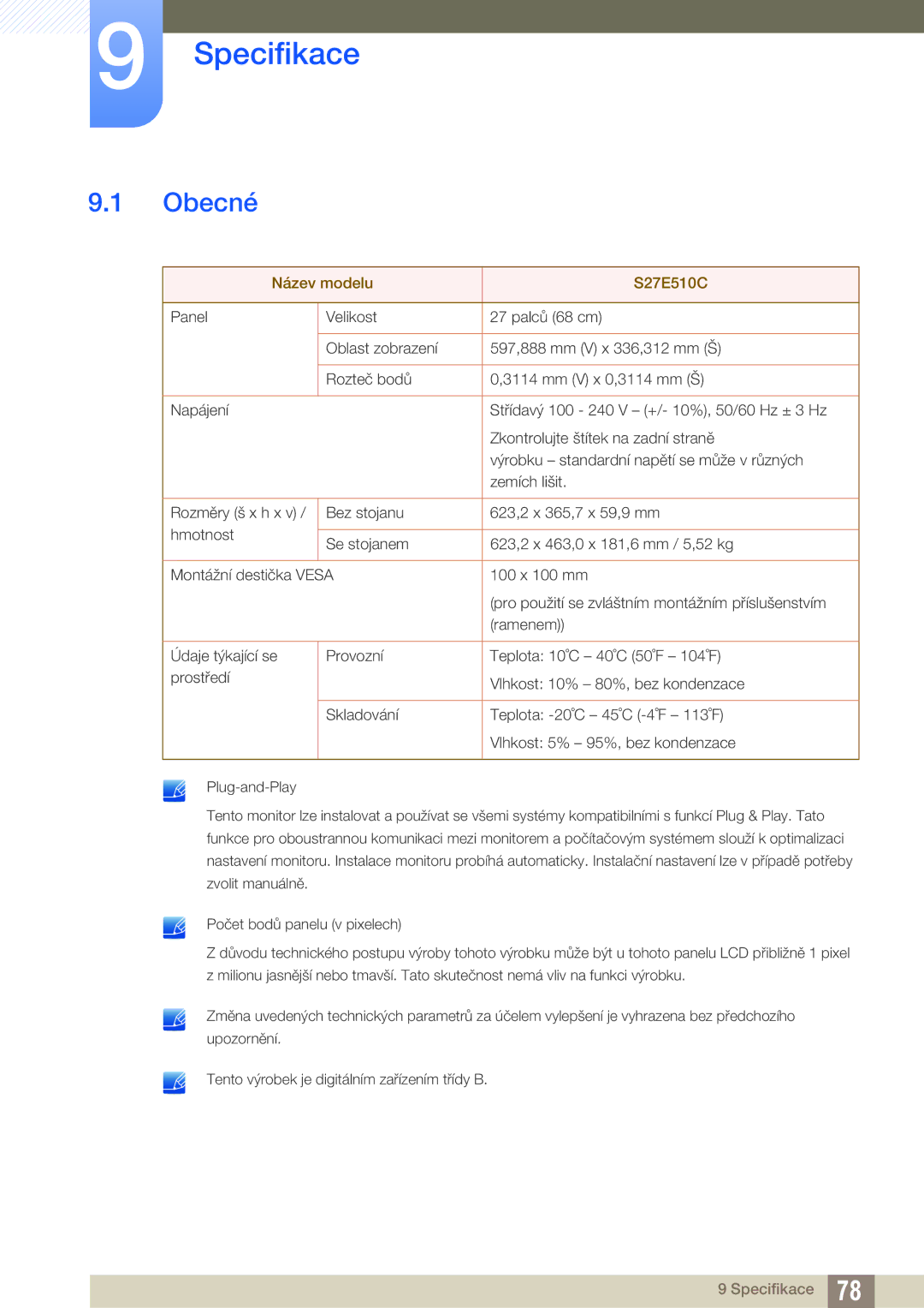 Samsung LS27E510CS/EN manual Specifikace, Obecné 