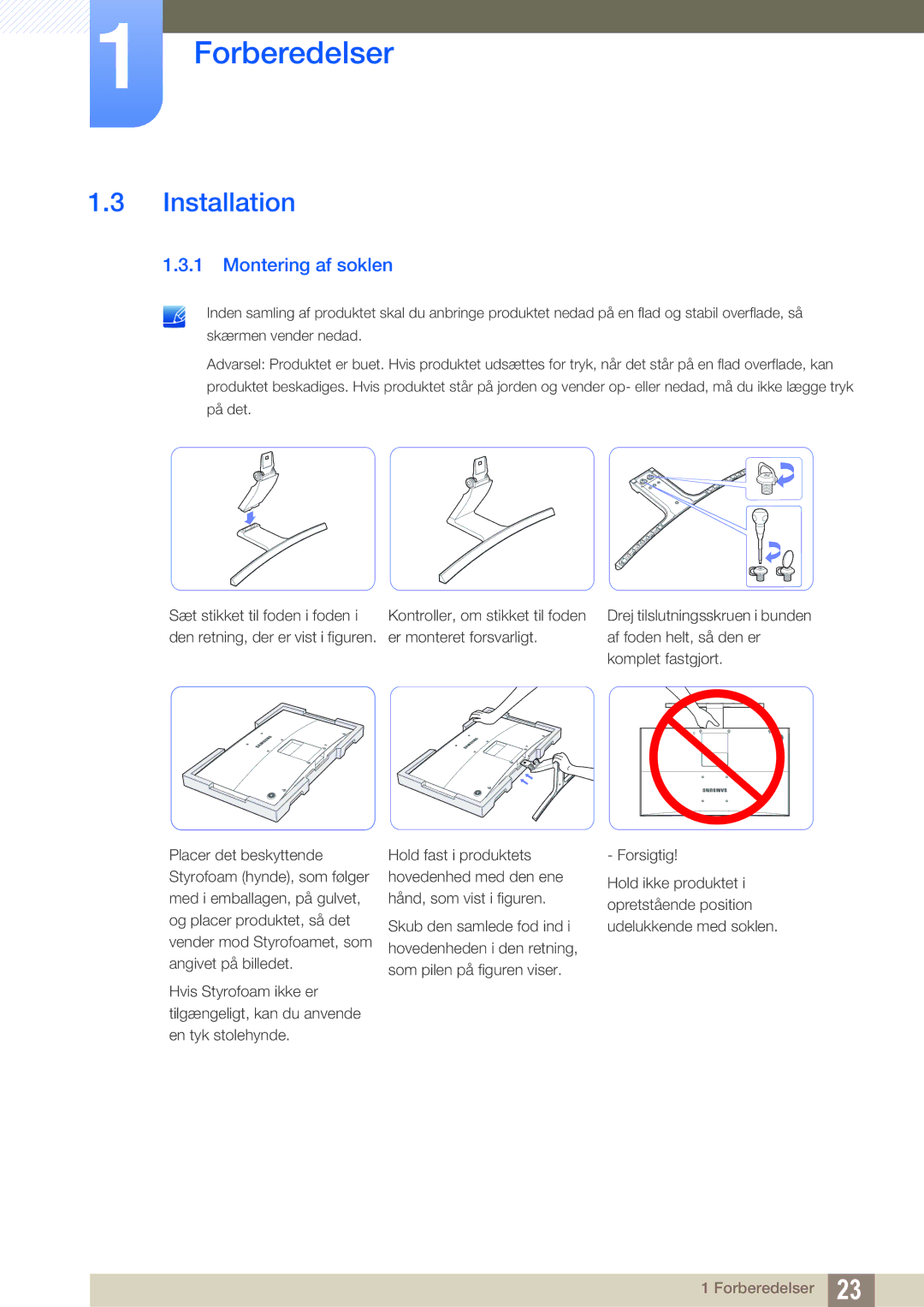 Samsung LS27E510CS/EN manual Installation, Montering af soklen 