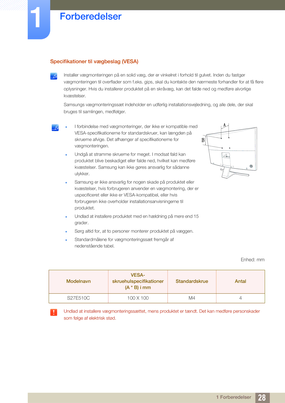 Samsung LS27E510CS/EN manual Specifikationer til vægbeslag Vesa 