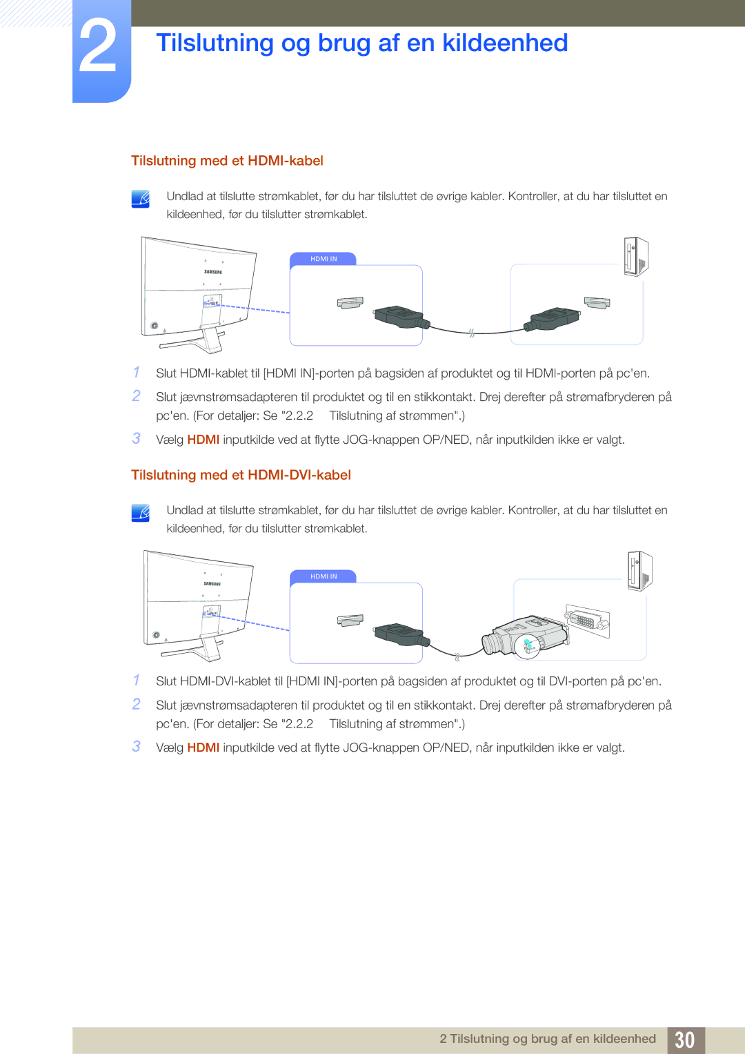 Samsung LS27E510CS/EN manual Tilslutning med et HDMI-kabel, Tilslutning med et HDMI-DVI-kabel 