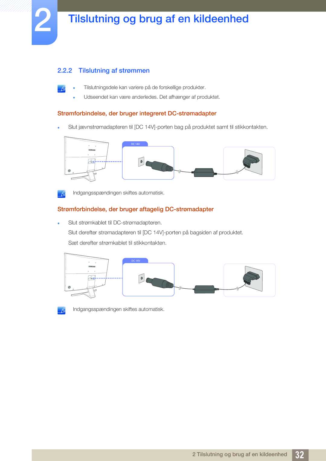 Samsung LS27E510CS/EN manual Tilslutning af strømmen, Strømforbindelse, der bruger integreret DC-strømadapter 