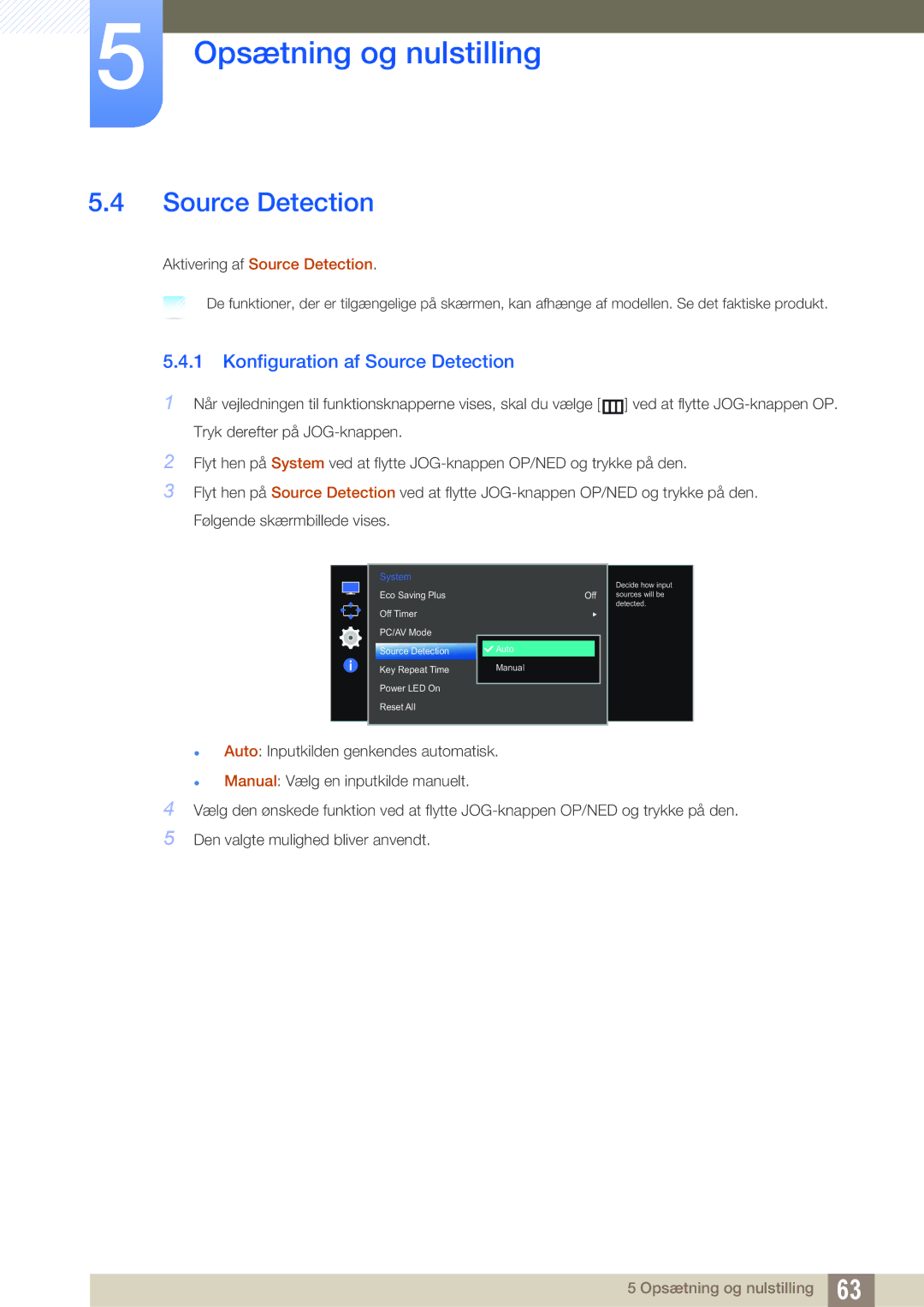 Samsung LS27E510CS/EN manual Konfiguration af Source Detection 