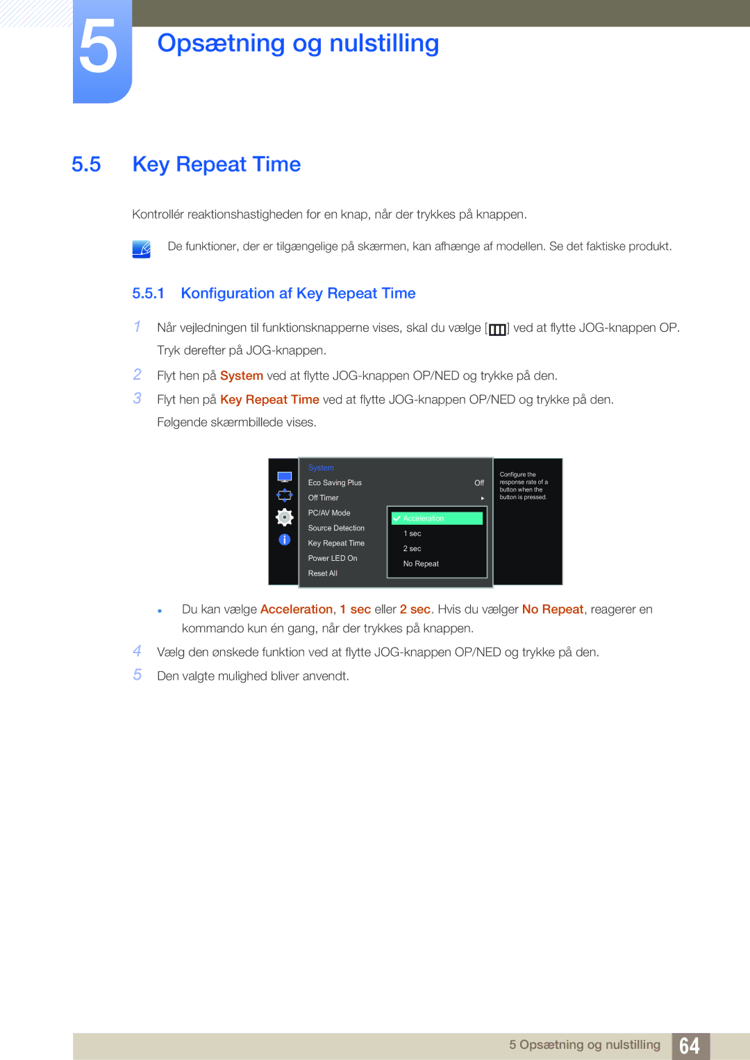 Samsung LS27E510CS/EN manual Konfiguration af Key Repeat Time 