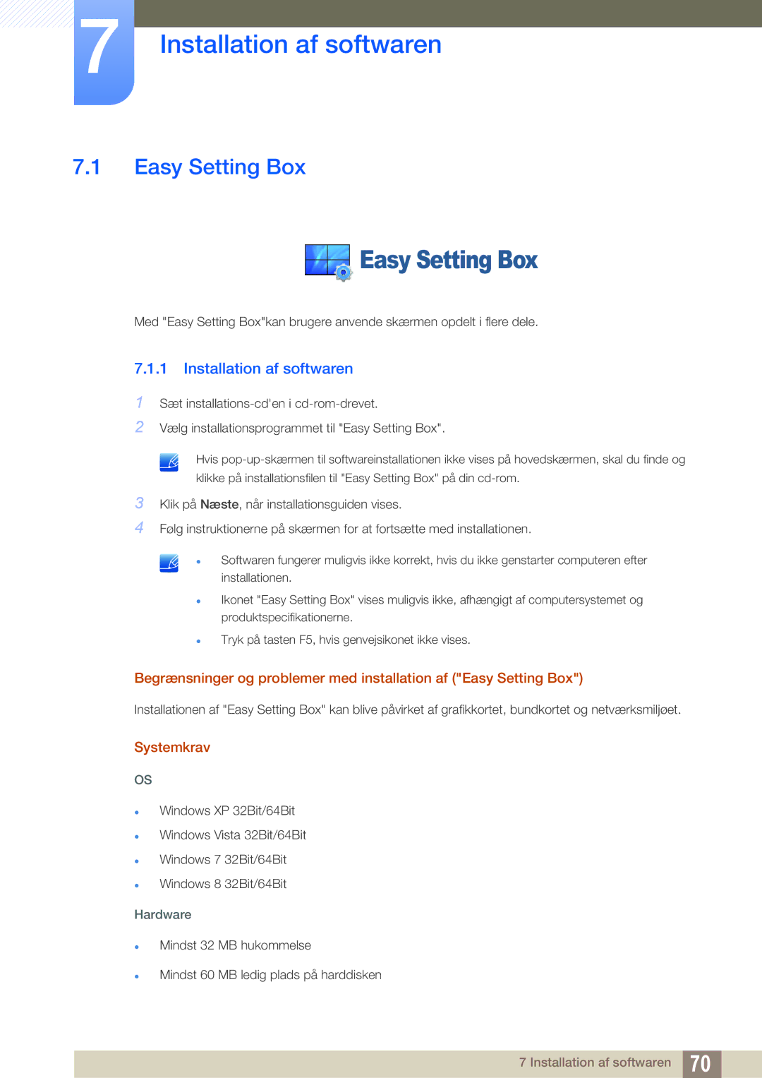 Samsung LS27E510CS/EN manual Installation af softwaren, Easy Setting Box, Systemkrav 