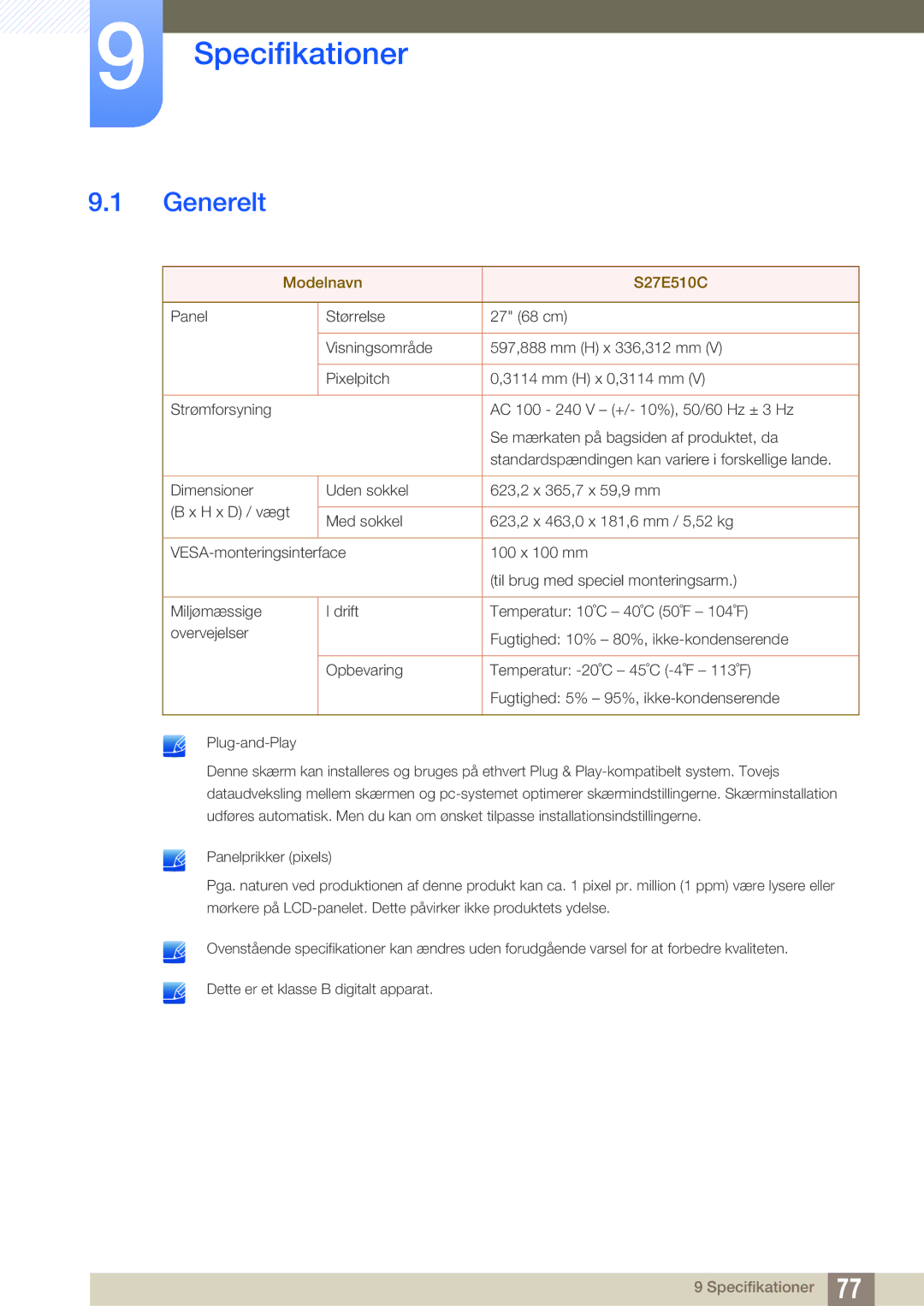 Samsung LS27E510CS/EN manual Specifikationer, Generelt 