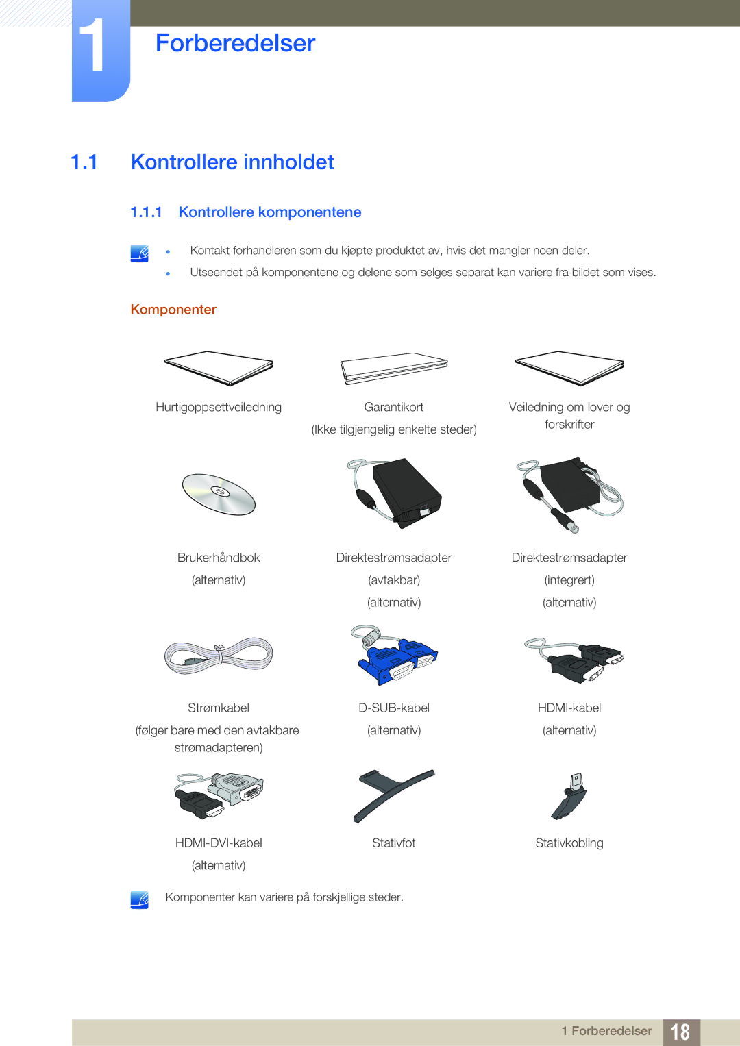 Samsung LS27E510CS/EN manual Forberedelser, Kontrollere innholdet, Kontrollere komponentene, Komponenter 