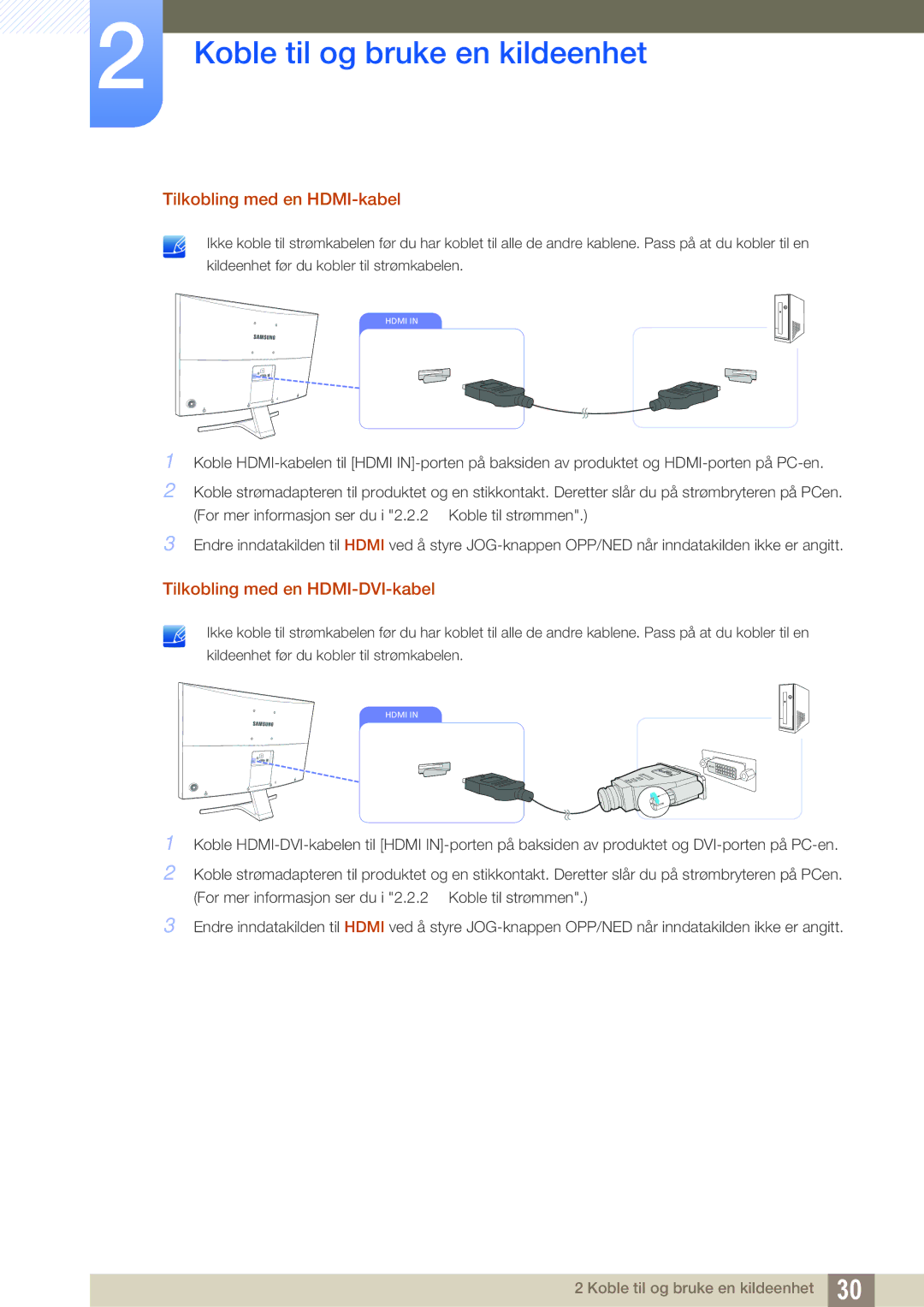 Samsung LS27E510CS/EN manual Tilkobling med en HDMI-kabel, Tilkobling med en HDMI-DVI-kabel 