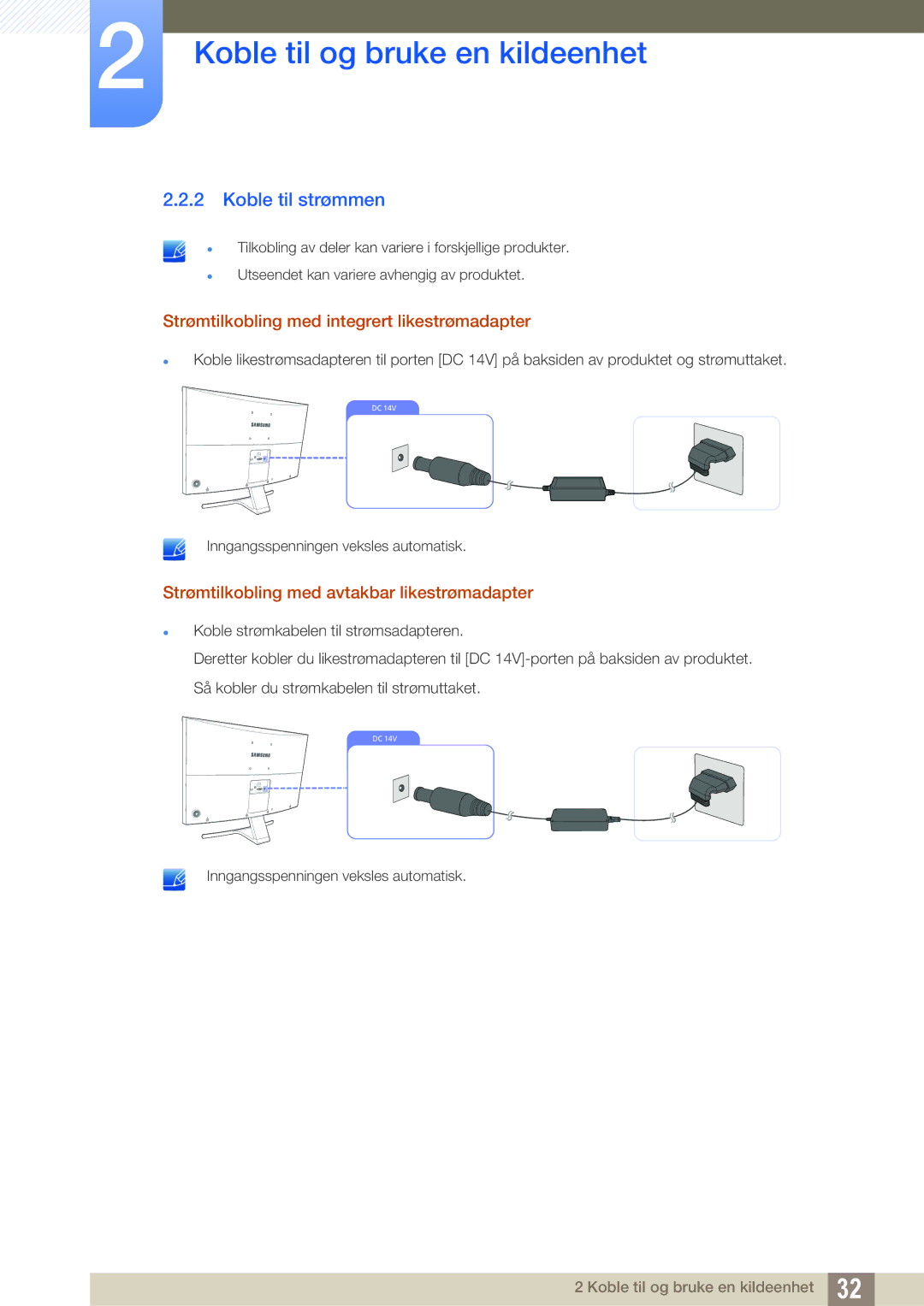 Samsung LS27E510CS/EN manual Koble til strømmen, Strømtilkobling med integrert likestrømadapter 