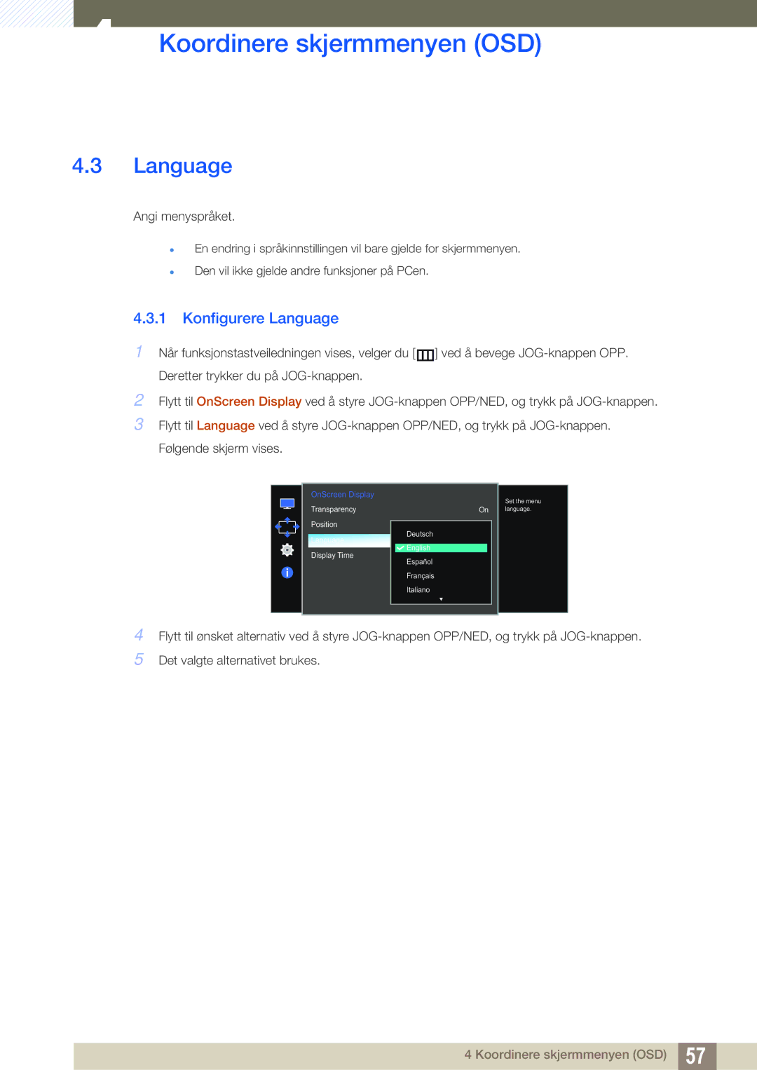 Samsung LS27E510CS/EN manual Konfigurere Language 