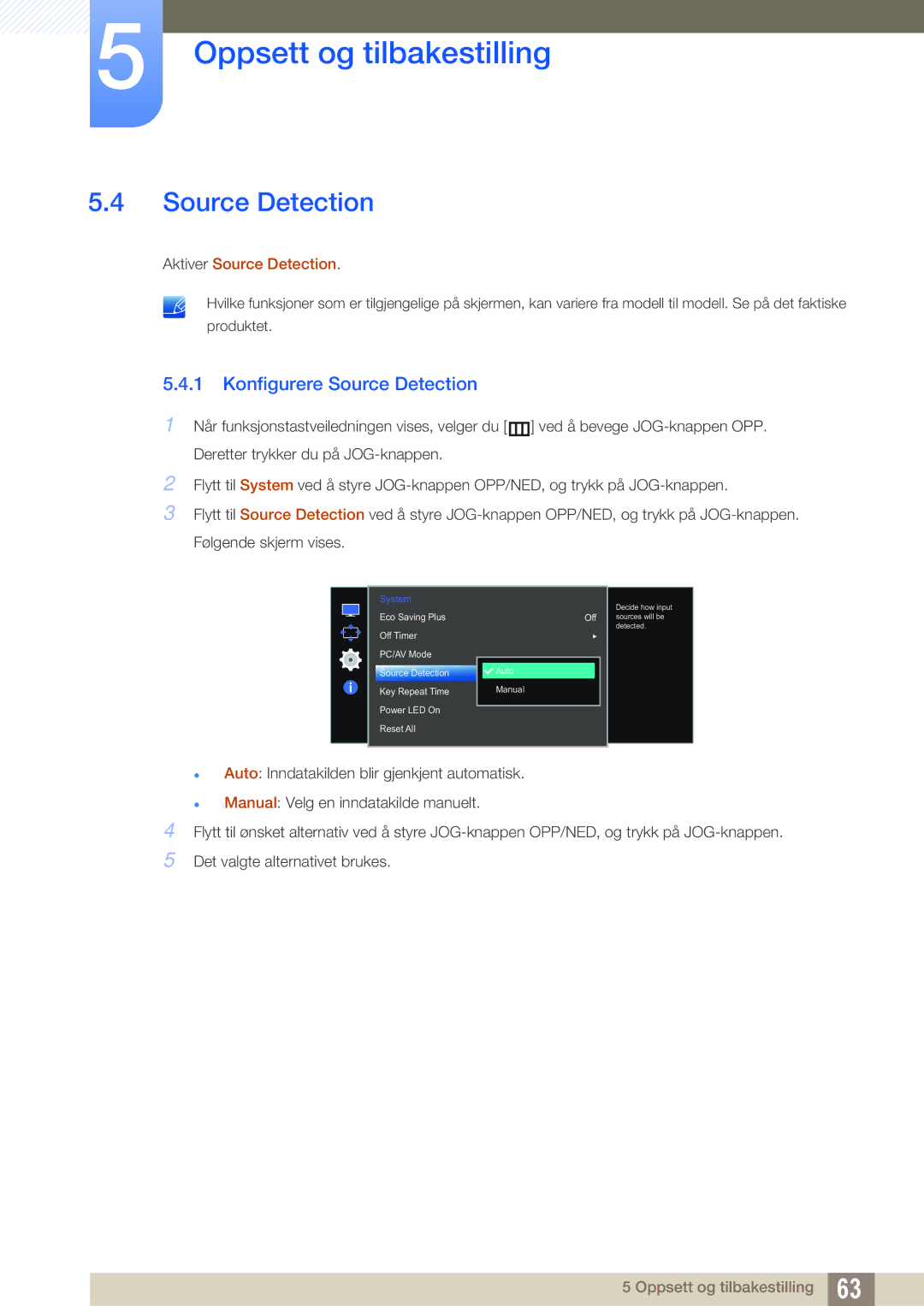 Samsung LS27E510CS/EN manual Konfigurere Source Detection 