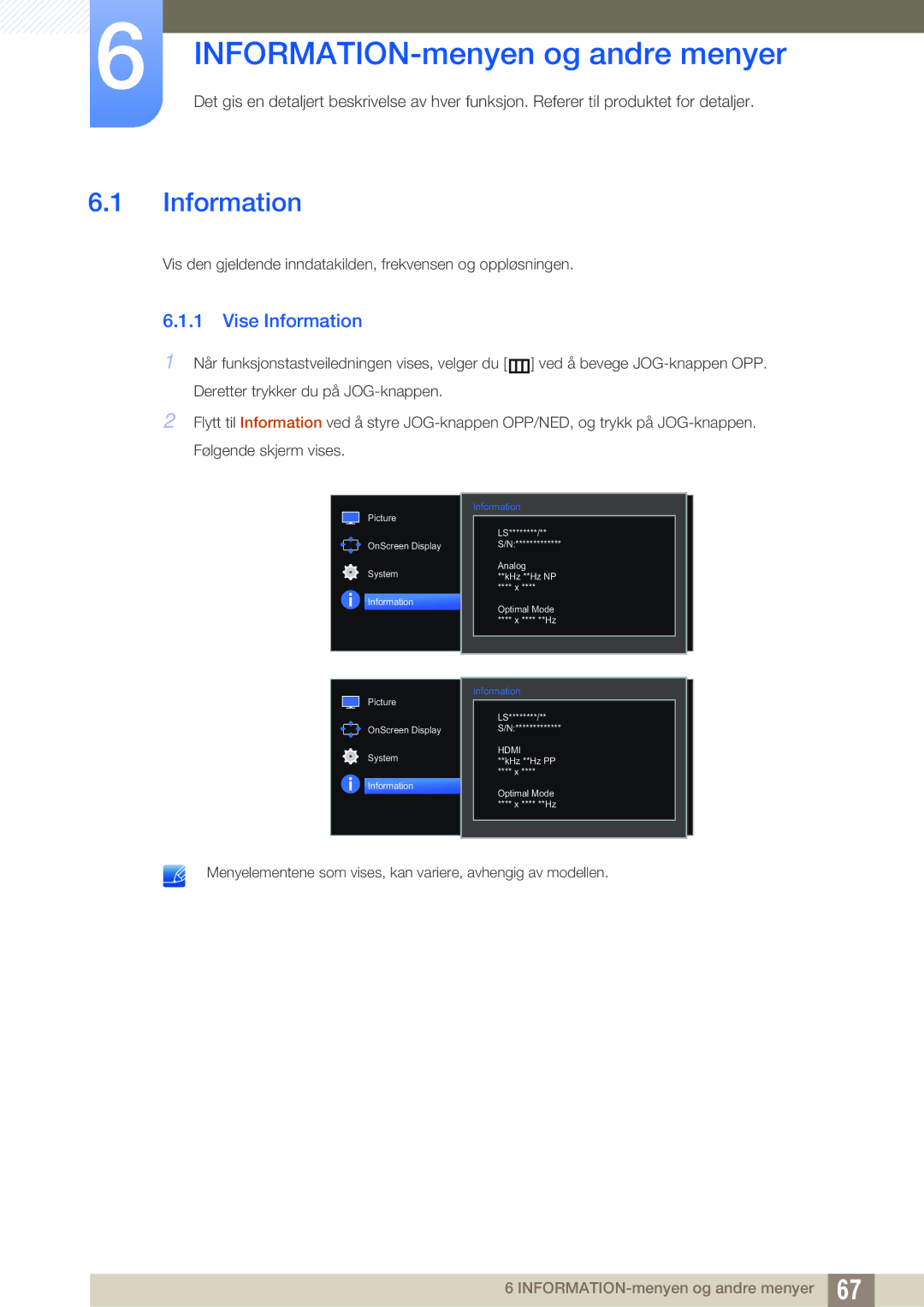 Samsung LS27E510CS/EN manual INFORMATION-menyen og andre menyer, Vise Information 