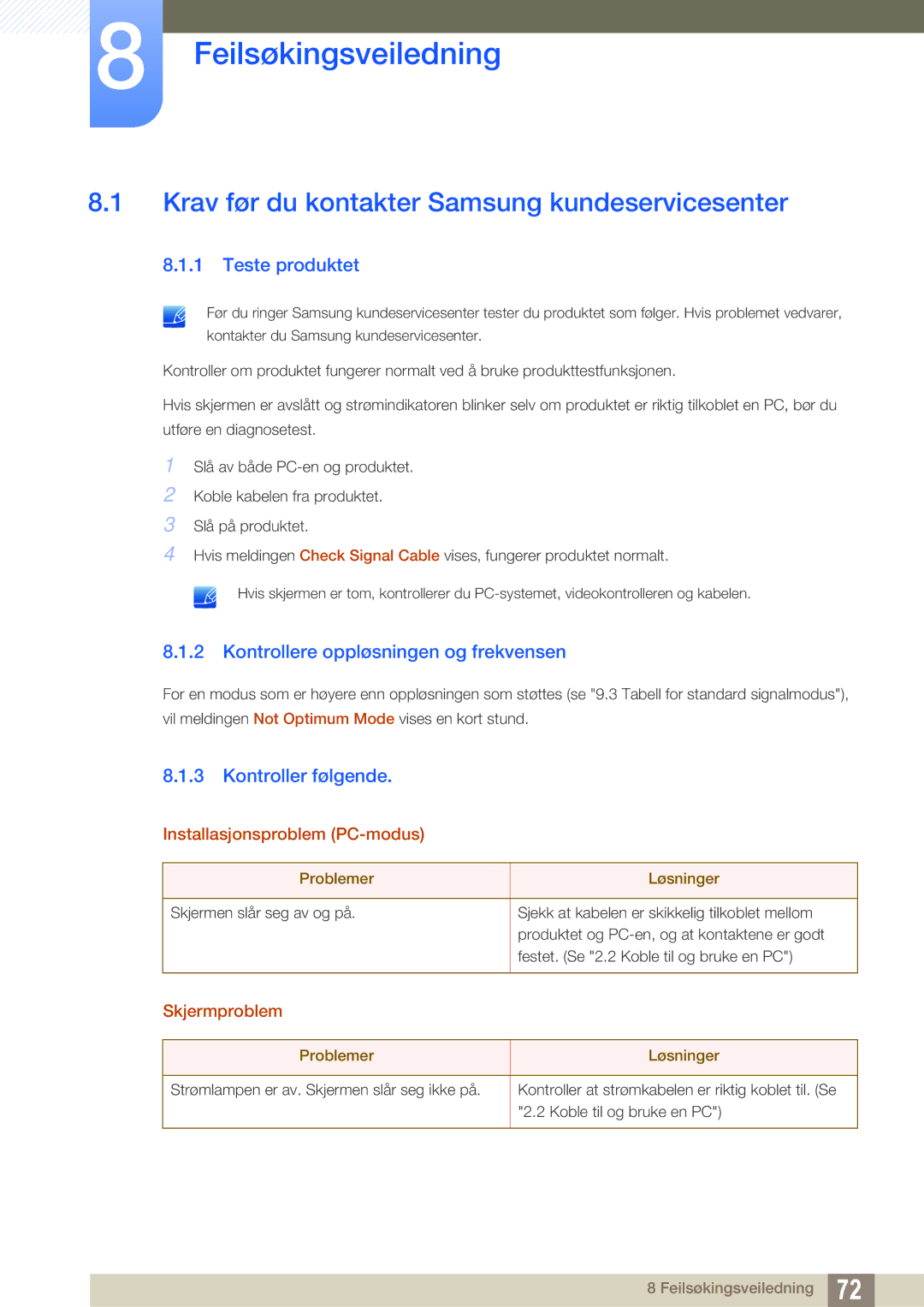 Samsung LS27E510CS/EN manual Feilsøkingsveiledning, Krav før du kontakter Samsung kundeservicesenter, Teste produktet 