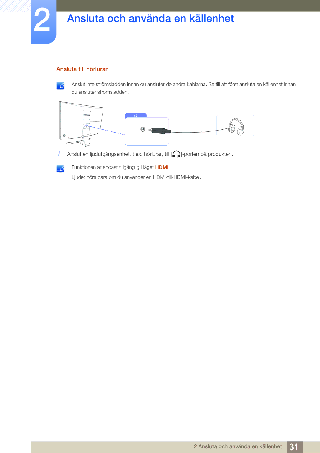 Samsung LS27E510CS/EN manual Ansluta till hörlurar 