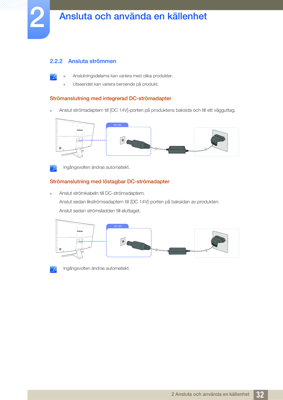 Samsung LS27E510CS/EN manual Ansluta strömmen, Strömanslutning med integrerad DC-strömadapter 