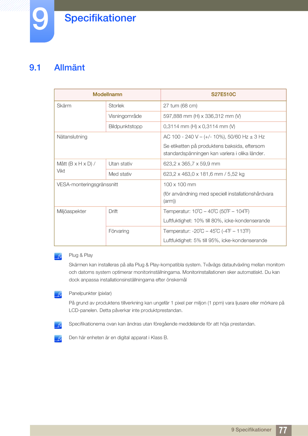 Samsung LS27E510CS/EN manual Specifikationer, Allmänt 