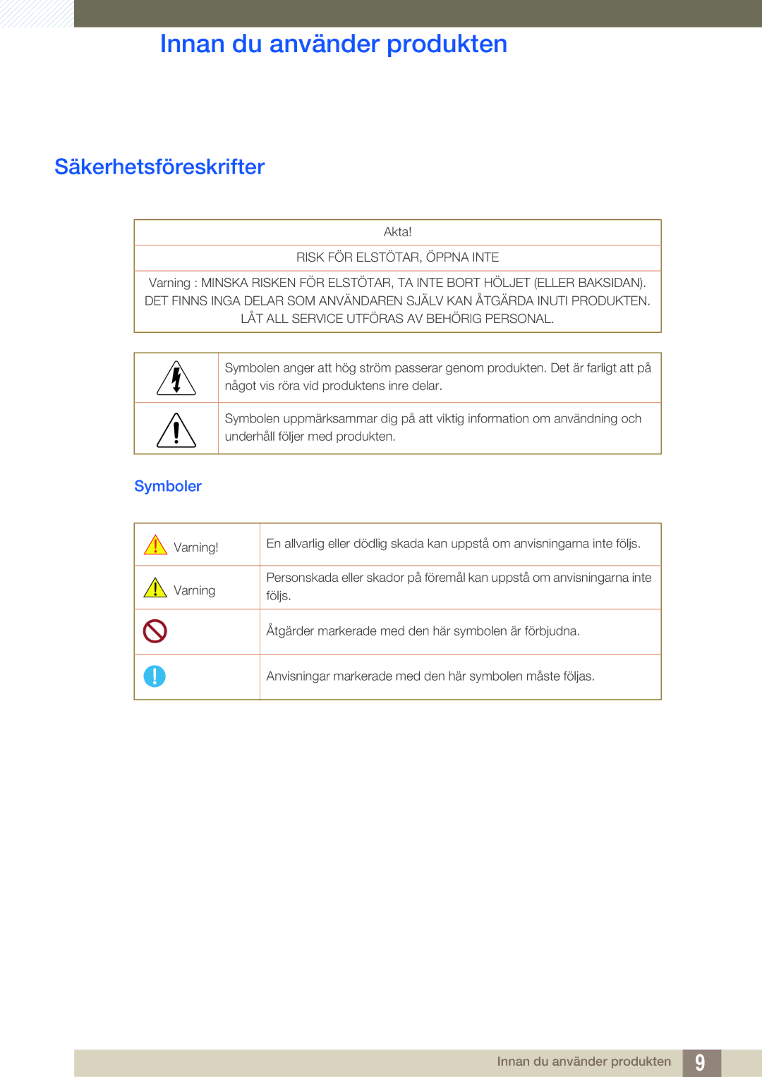 Samsung LS27E510CS/EN manual Säkerhetsföreskrifter, Symboler 