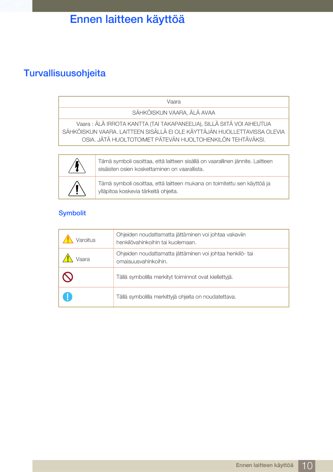 Samsung LS27E510CS/EN manual Turvallisuusohjeita, Symbolit 