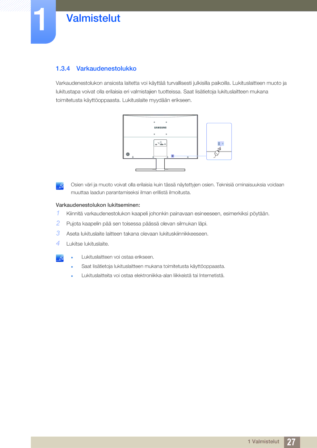 Samsung LS27E510CS/EN manual Varkaudenestolukko 