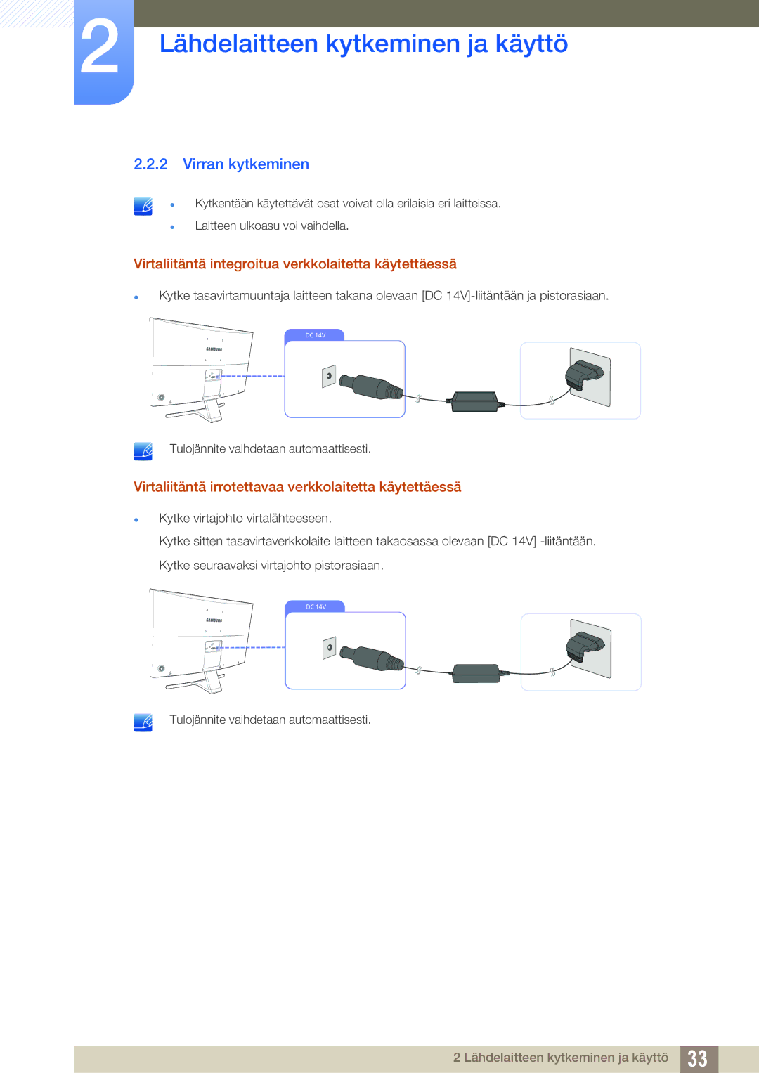 Samsung LS27E510CS/EN manual Virran kytkeminen, Virtaliitäntä integroitua verkkolaitetta käytettäessä 