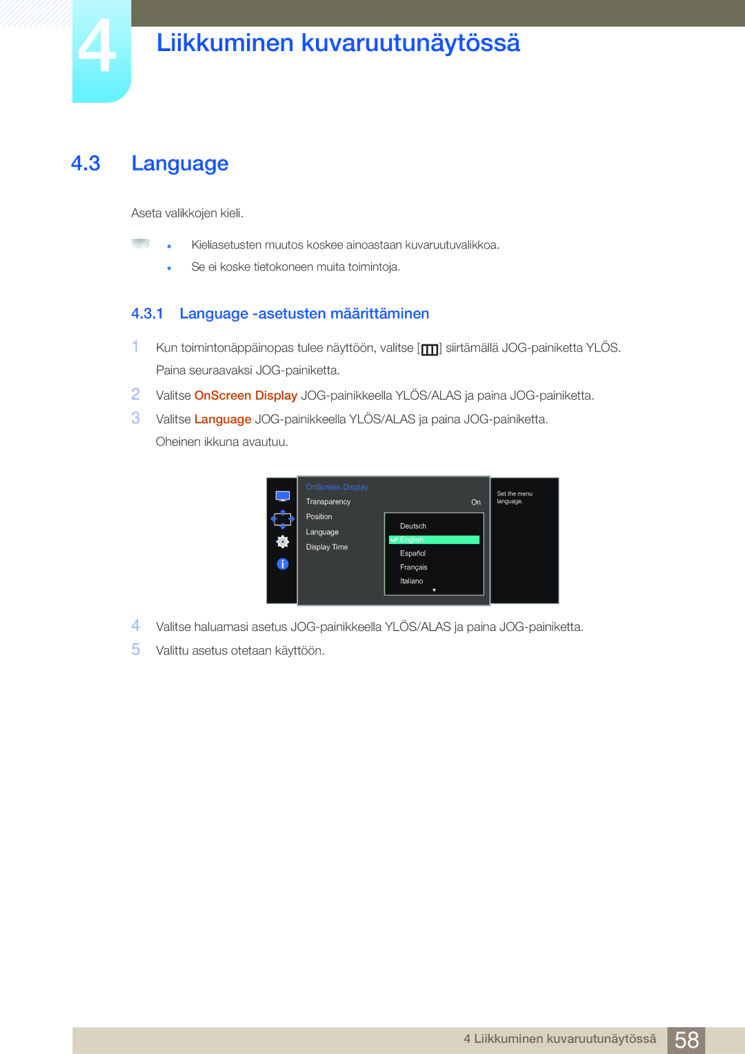 Samsung LS27E510CS/EN manual Language -asetusten määrittäminen 