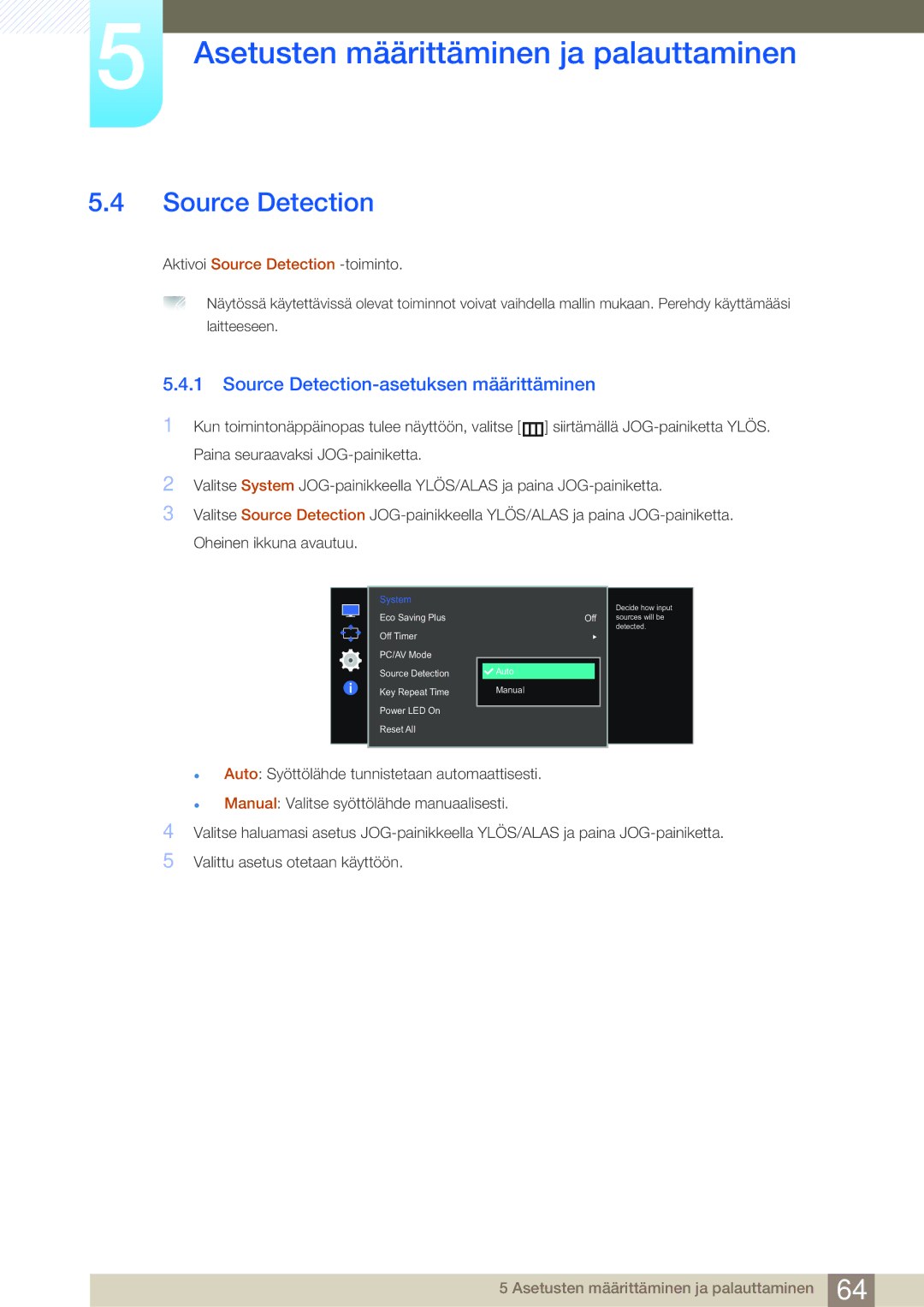 Samsung LS27E510CS/EN manual Source Detection-asetuksen määrittäminen 