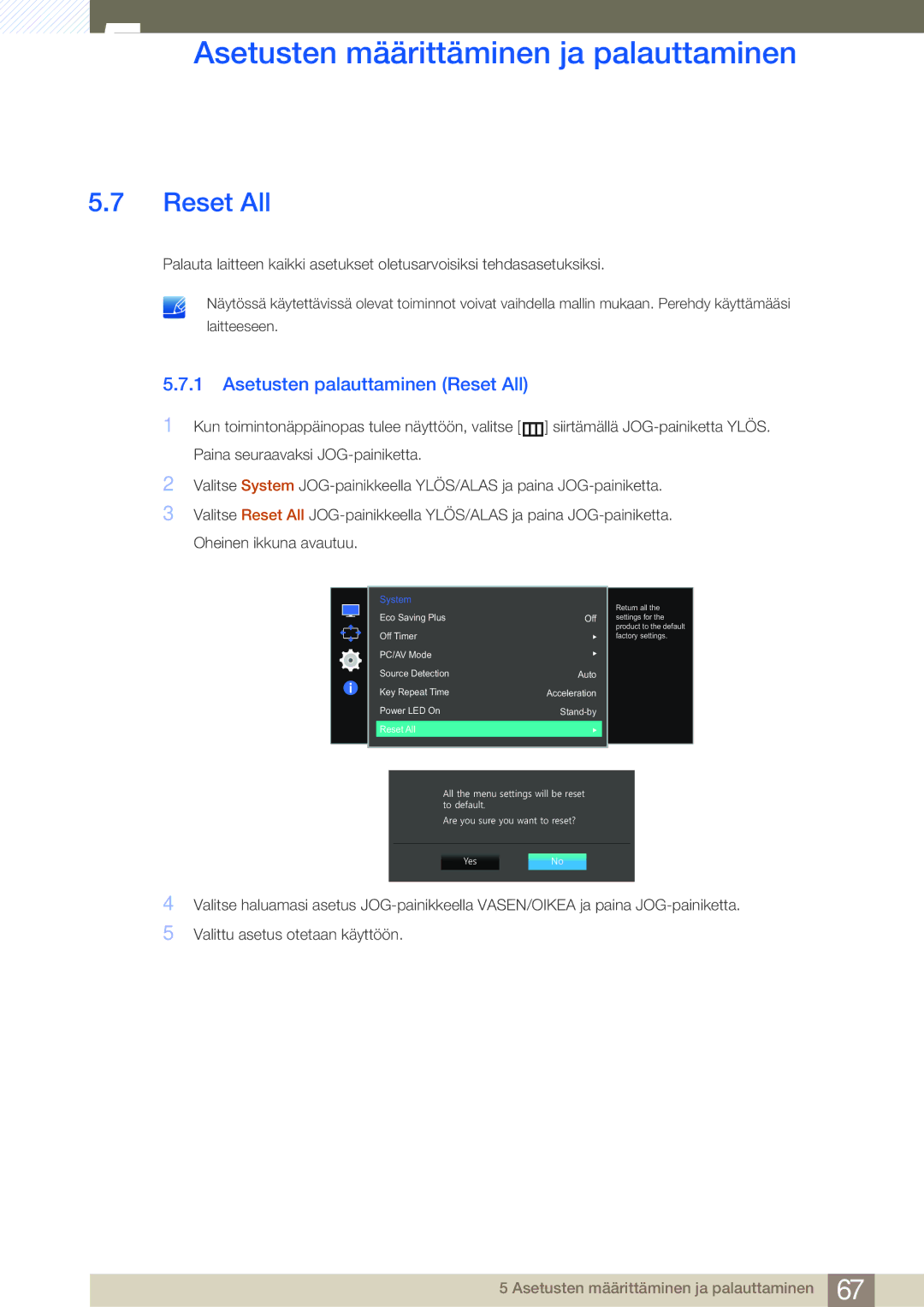 Samsung LS27E510CS/EN manual Asetusten palauttaminen Reset All 