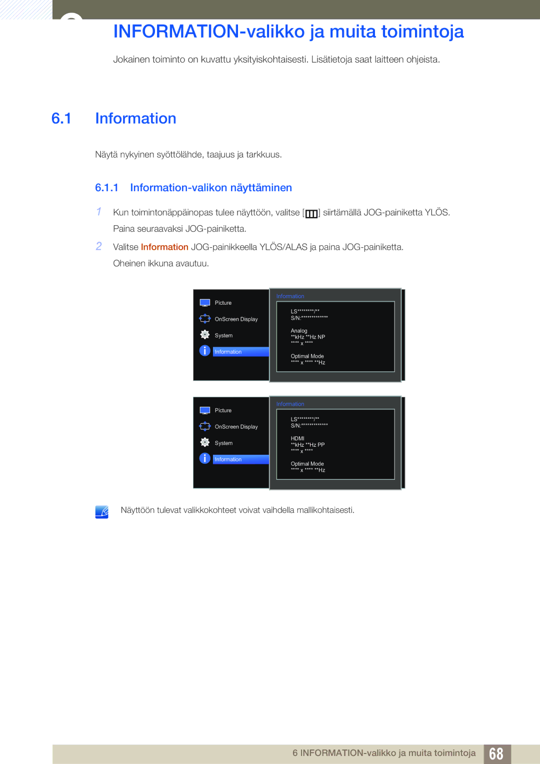 Samsung LS27E510CS/EN manual INFORMATION-valikko ja muita toimintoja, Information-valikon näyttäminen 