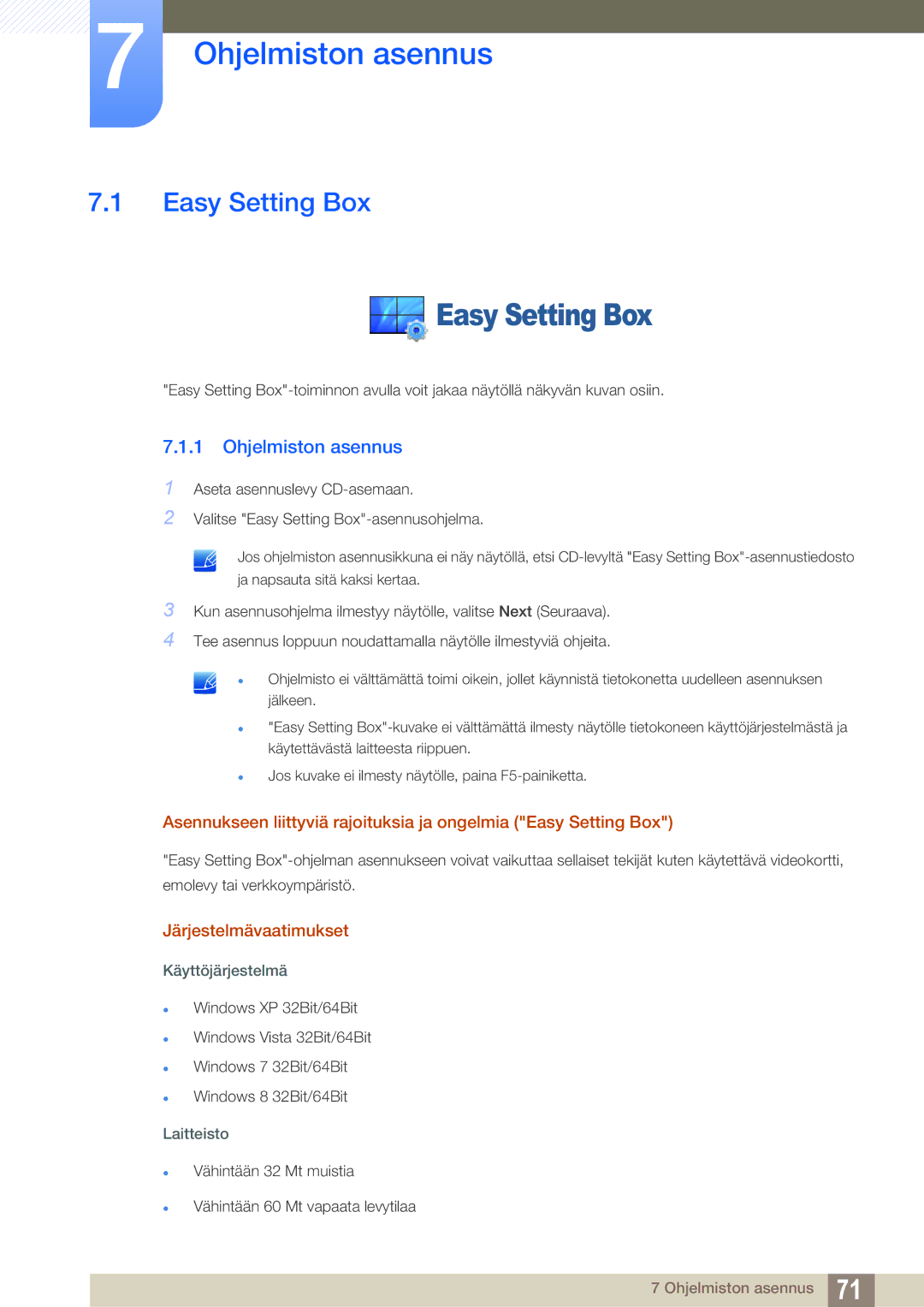 Samsung LS27E510CS/EN manual Ohjelmiston asennus, Easy Setting Box, Järjestelmävaatimukset 