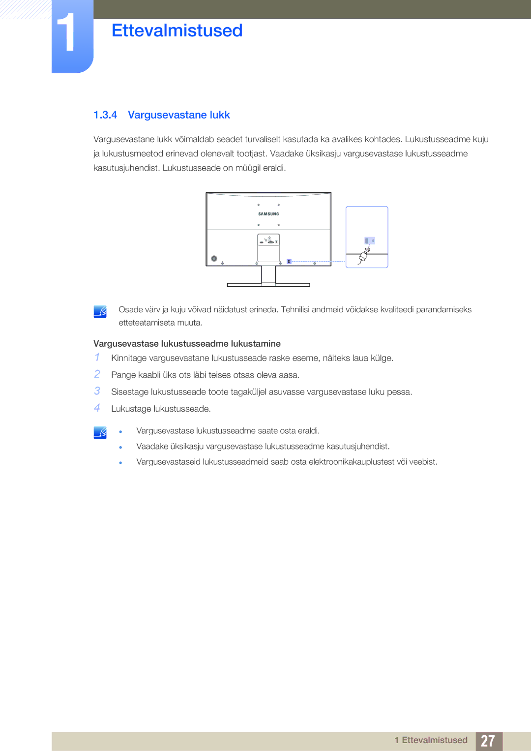 Samsung LS27E510CS/EN manual Vargusevastane lukk 