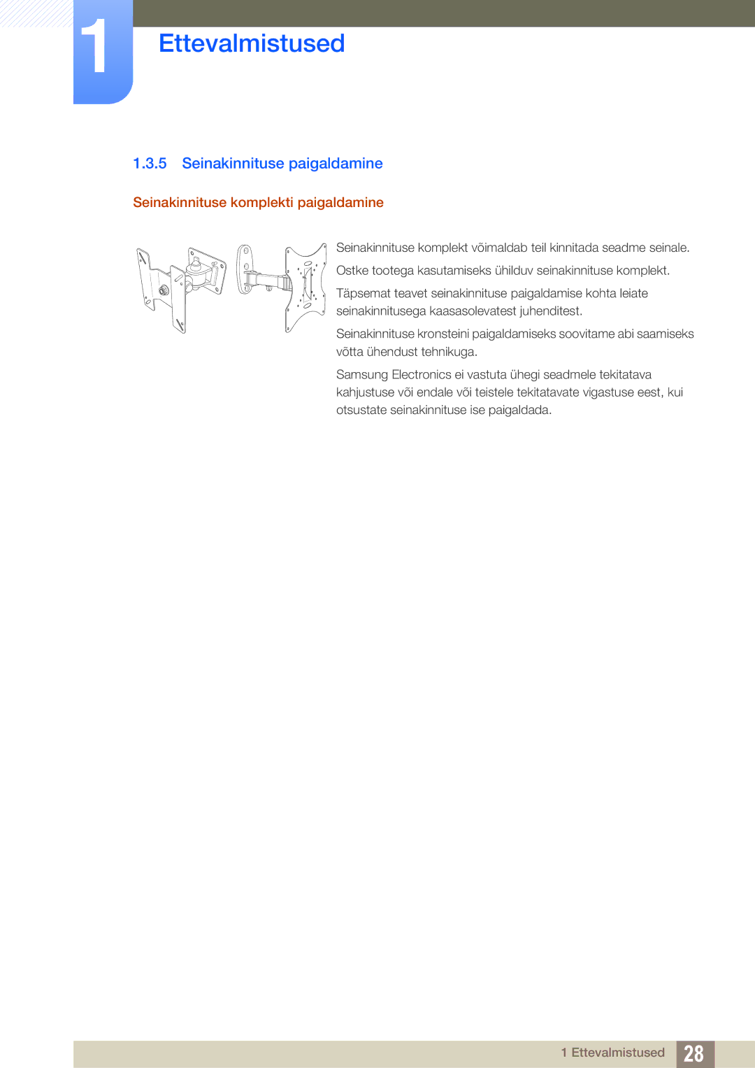 Samsung LS27E510CS/EN manual Seinakinnituse paigaldamine, Seinakinnituse komplekti paigaldamine 