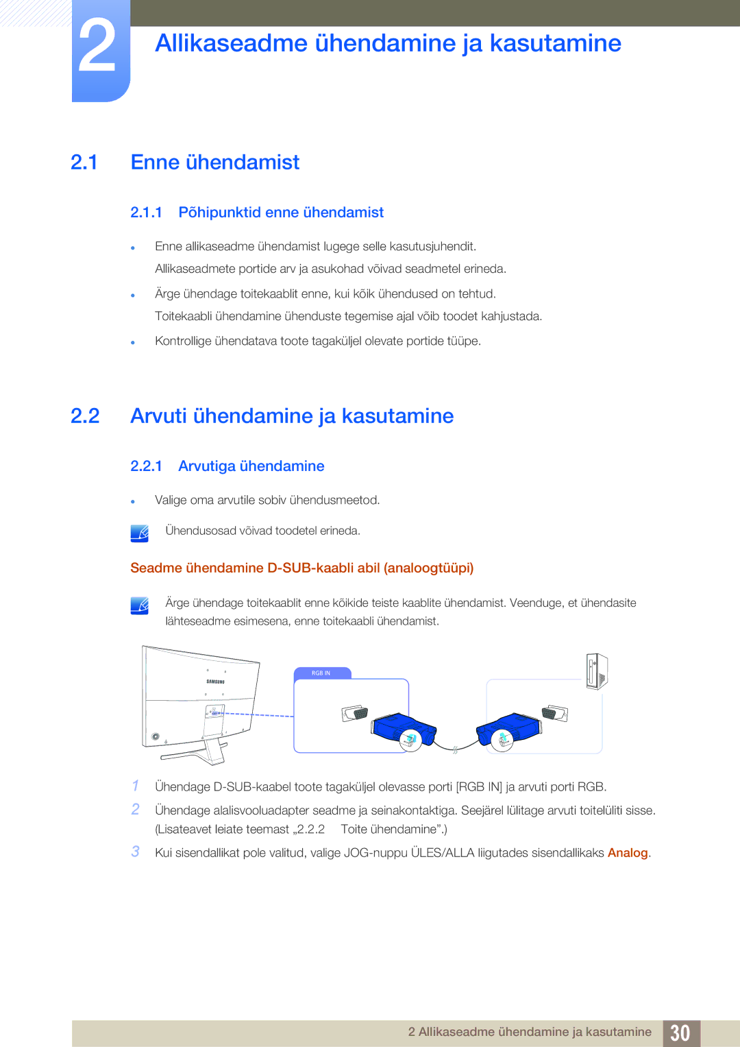 Samsung LS27E510CS/EN manual Allikaseadme ühendamine ja kasutamine, Enne ühendamist, Arvuti ühendamine ja kasutamine 